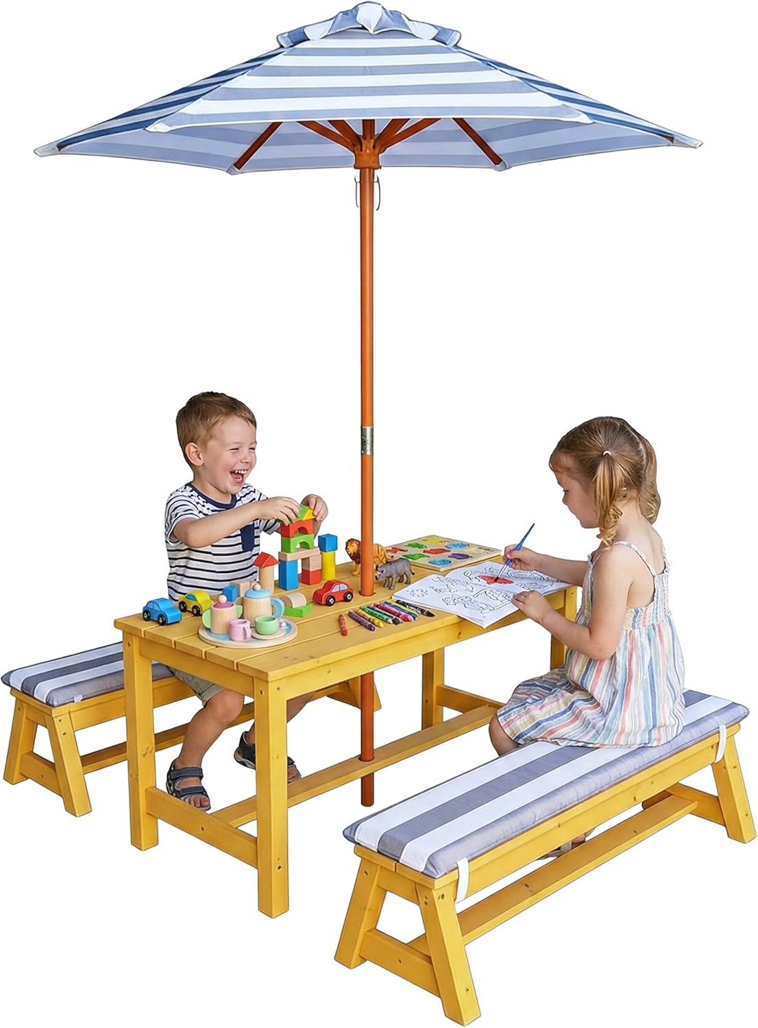 Relaxdays children's garden picnic set with parasol & cushions, pine, natural