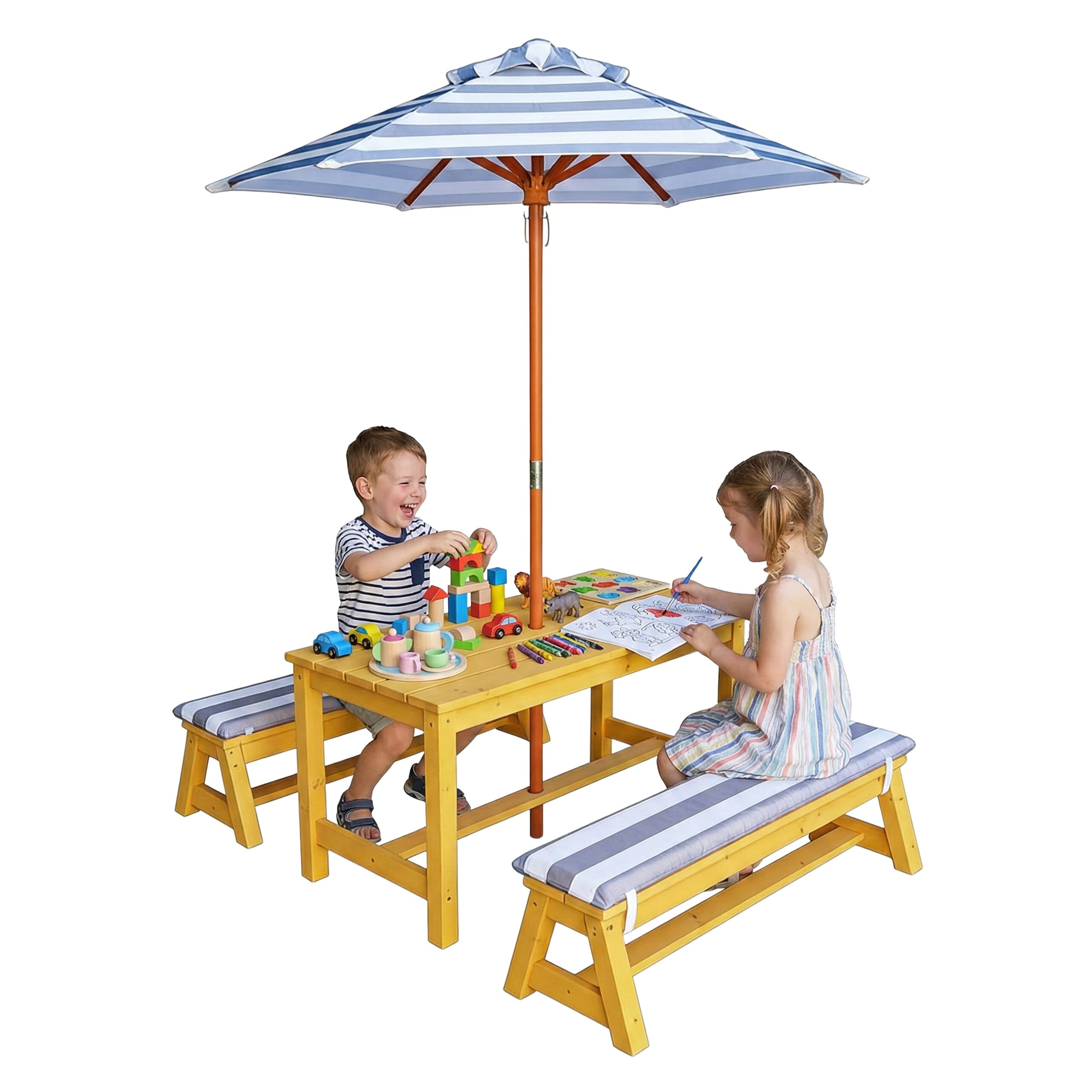 Relaxdays Kindersitzgruppe Holz Garten Picknickbank mit Schirm & Kissen für draußen