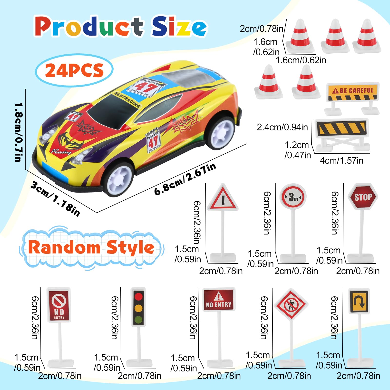 kayqbonke 24 stuks mini-autoset, 6,8 x 3,3 x 1,8 cm, metalen stuntspeelgoedauto met 15 barricades, willekeurige stijl, metalen kleine speelgoedauto's, geschikt als kindercadeau