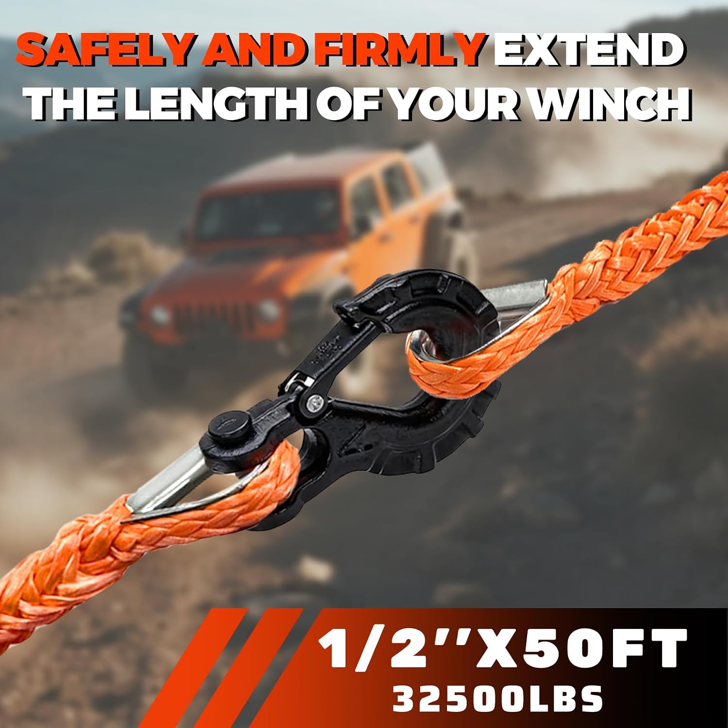 Winch Rope Extension, 1/2'' x 50ft 32,500Lbs Synthetic Winch Extension Rope, Winch Extension Line for Off Road Vehicle ATV UTV SUV Jeep (Orange)