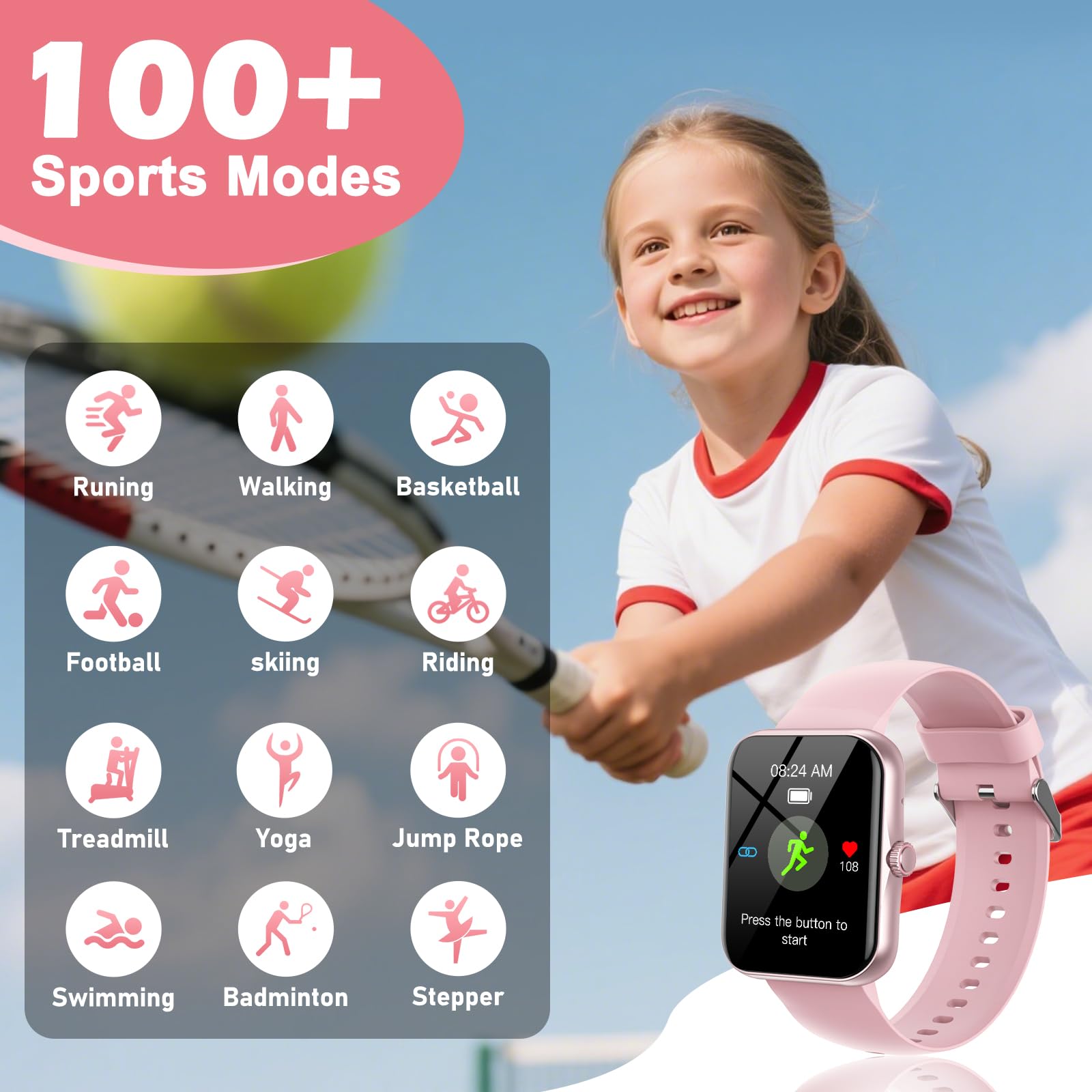Fitness Tracker Montre Connectée Enfant, 1,83" HD Montre Intelligente pour Garçon Fille IP68 Étanche avec 120+ Mode de Sport Cardiofrequencemètre Podomètre Réveil Jeux pour Ados 4-16 Ans Cadeau, Rose