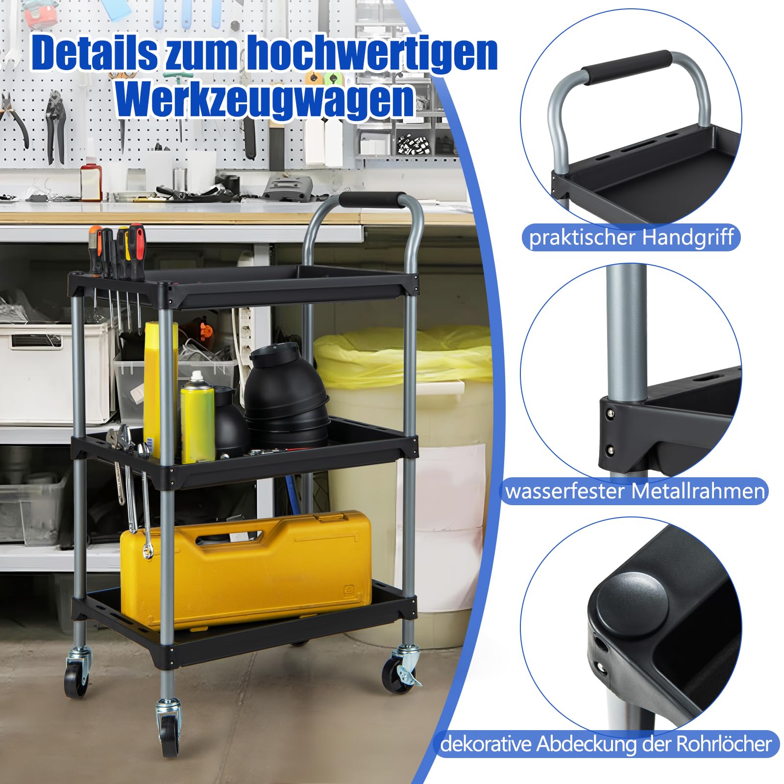 GYMAX Carrito de Herramientas de 3 Pisos, Organizador Móvil con Ruedas Giratorias con Frenos, Perforaciones para Guardar Destornilladores, Carrito de Trabajo Robusto para Taller Mecánico, Cocina
