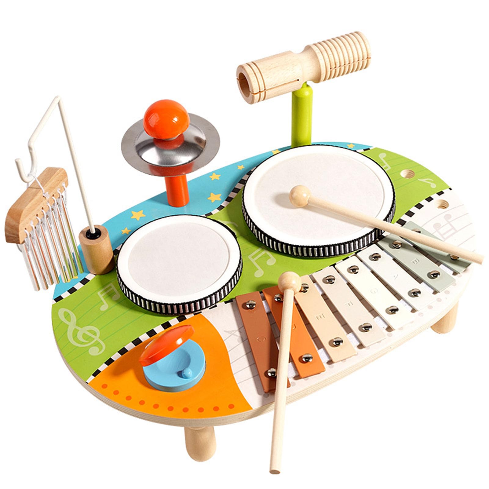 Giocattolo Musicale Educativo per Bambini, Centro a Percussione in Legno con Tamburo, Xilofono e Campanello