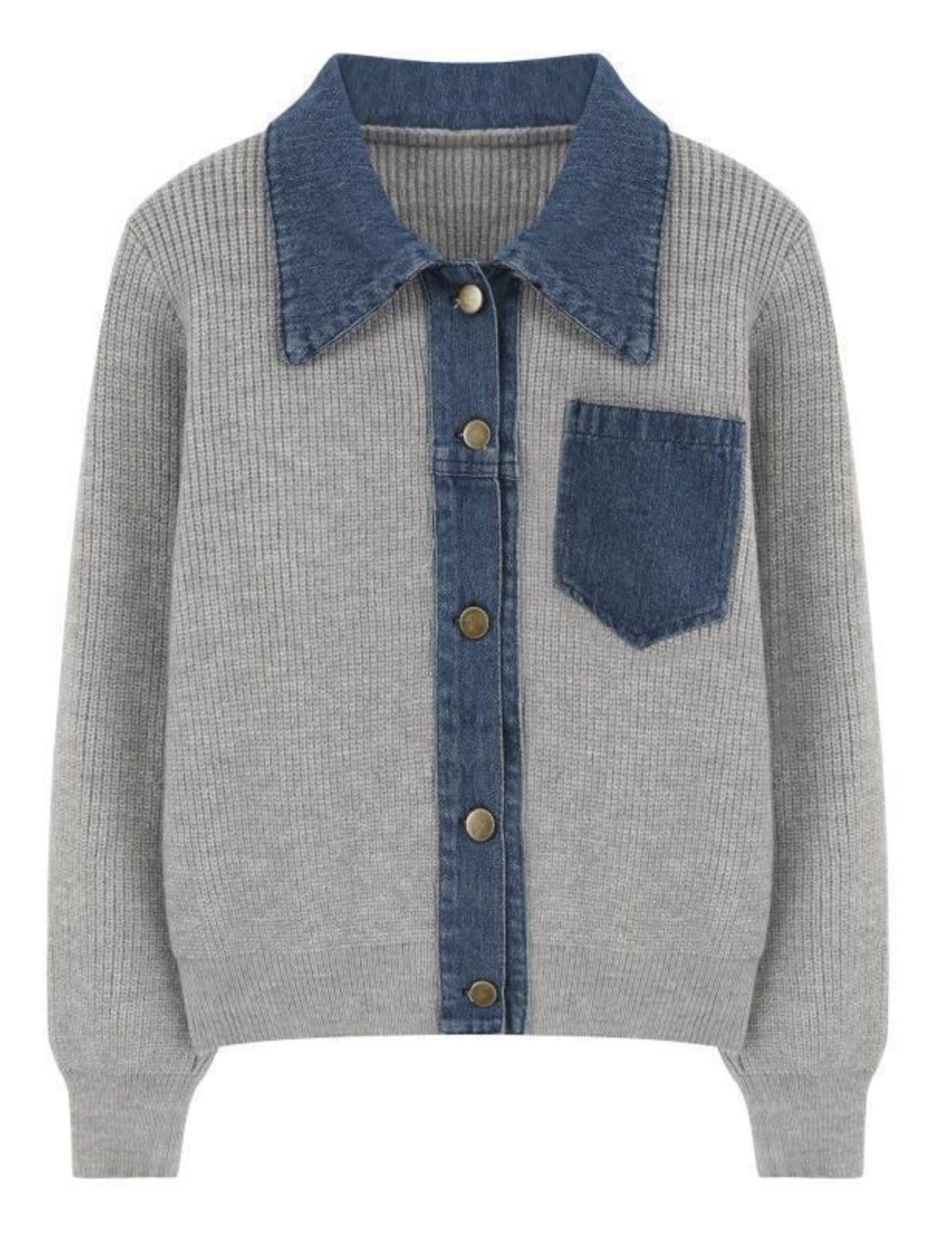 happlan Womens Knitted Long Sleeve Denim Patchwork Cardigan Sweater Jacket Top