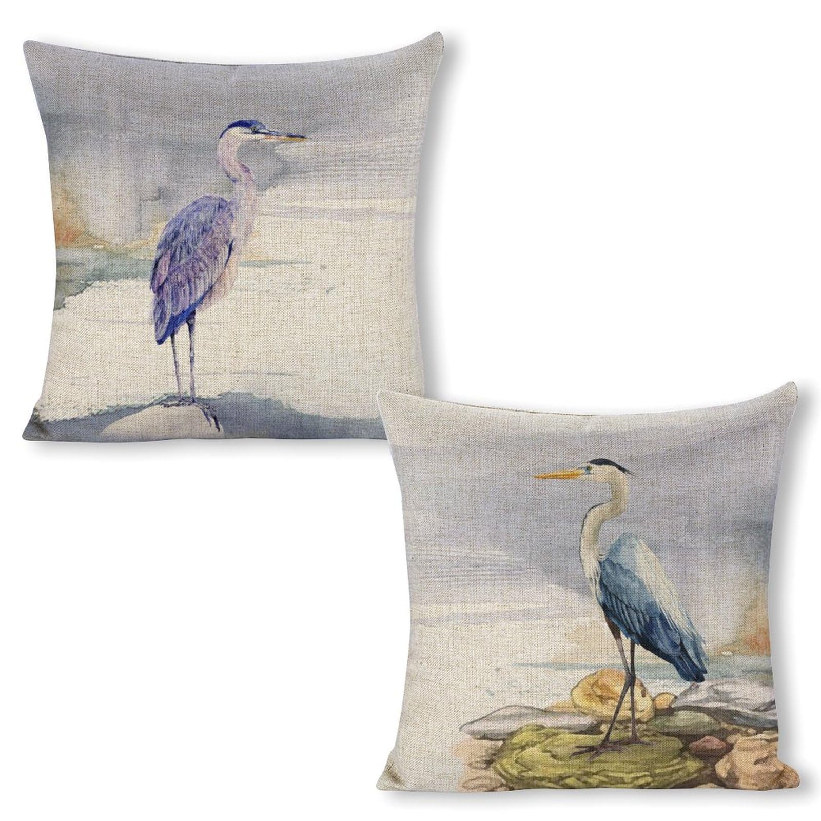 Linen Pillow Cases Standard Size Set of 2 - 18x18 Inch Decorative Cushion Cases with Heron on the River Print - Premium Home Decor Pillow Covers -