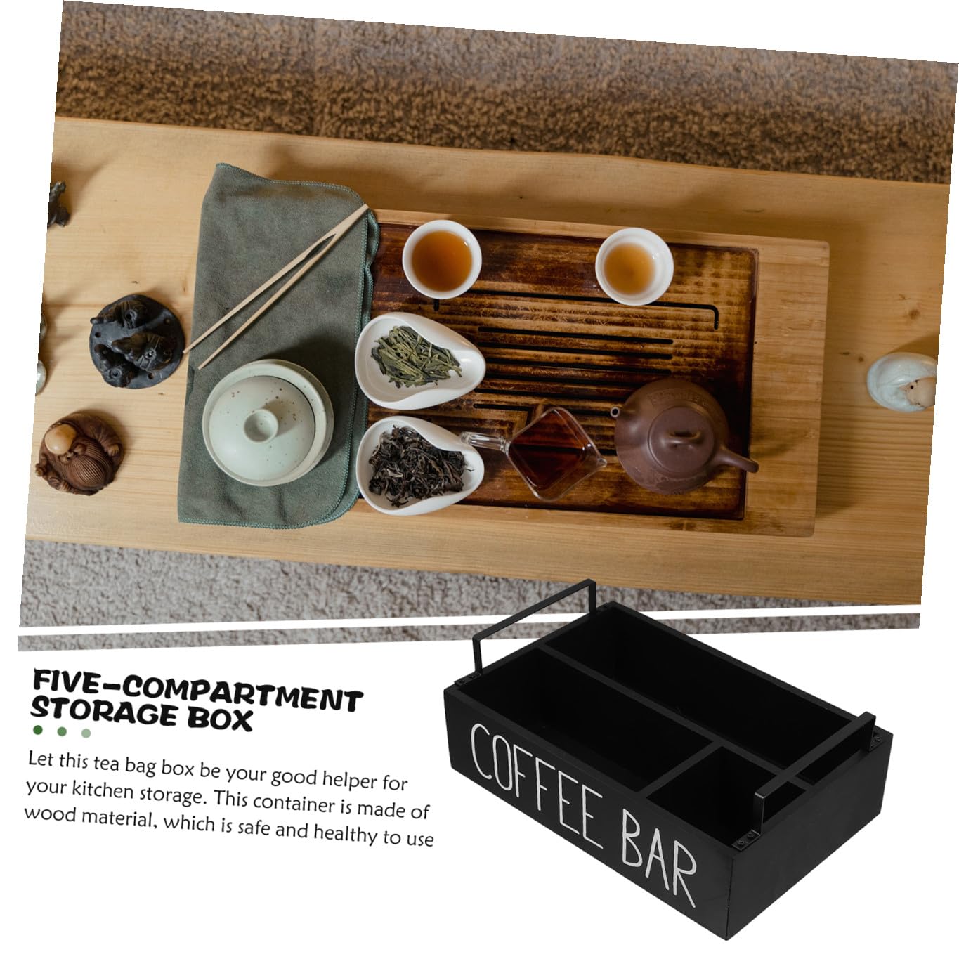 PRETYZOOM Caja Organizadora de Té de Madera Negra Compartimentos, 1 Pieza