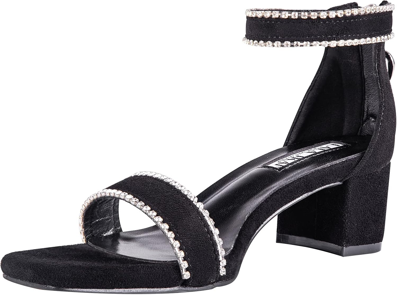 LALA IKAI Women's Rhinestone Ankle Strap Sandals Square Open Toe Chunky Block Heels