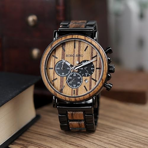 Miniatura 4 de BOBO BIRD - Relojes de madera grabados personalizados para hombre elegantes relojes de pulsera de cuarzo que combinan madera y acero inoxidable,
