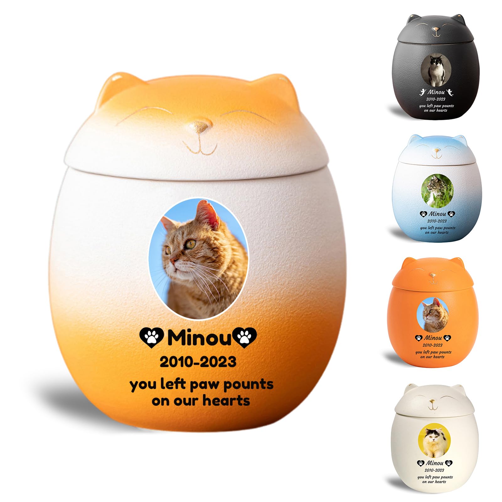 WXMYOZR Personalized Cat-Shaped Small Urn for Ashes, Custom Ceramic Decorative Mini Memorial Ashes Keepsake Cremation Urn for Pet Cat Ashes,Orange White,Little