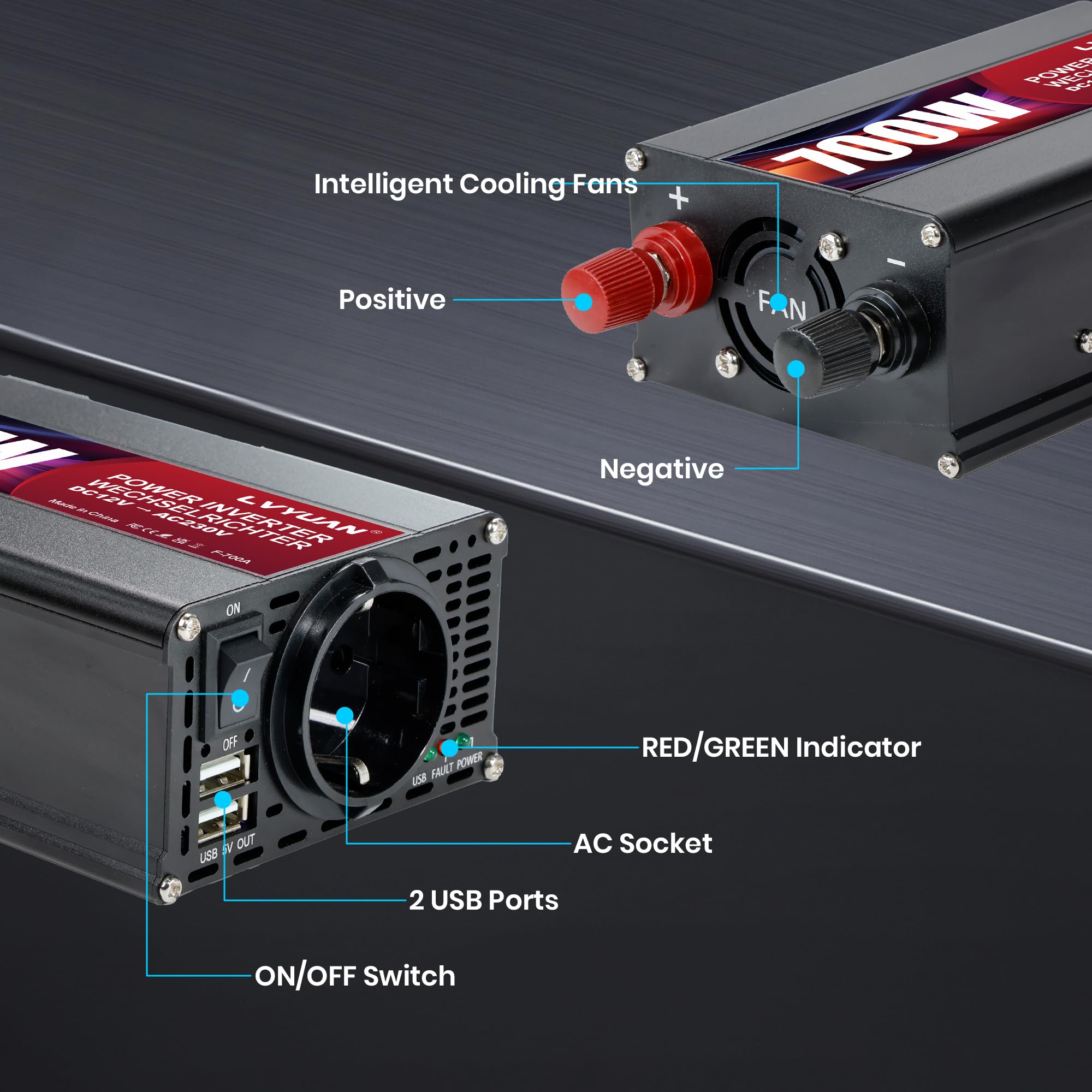 LVYUAN 700W Wechselrichter DC 12V auf 230V AC Spannungswandler Auto Konverter mit Dual USB Ports & EU Steckdosen Kfz Ladegerät Adapter