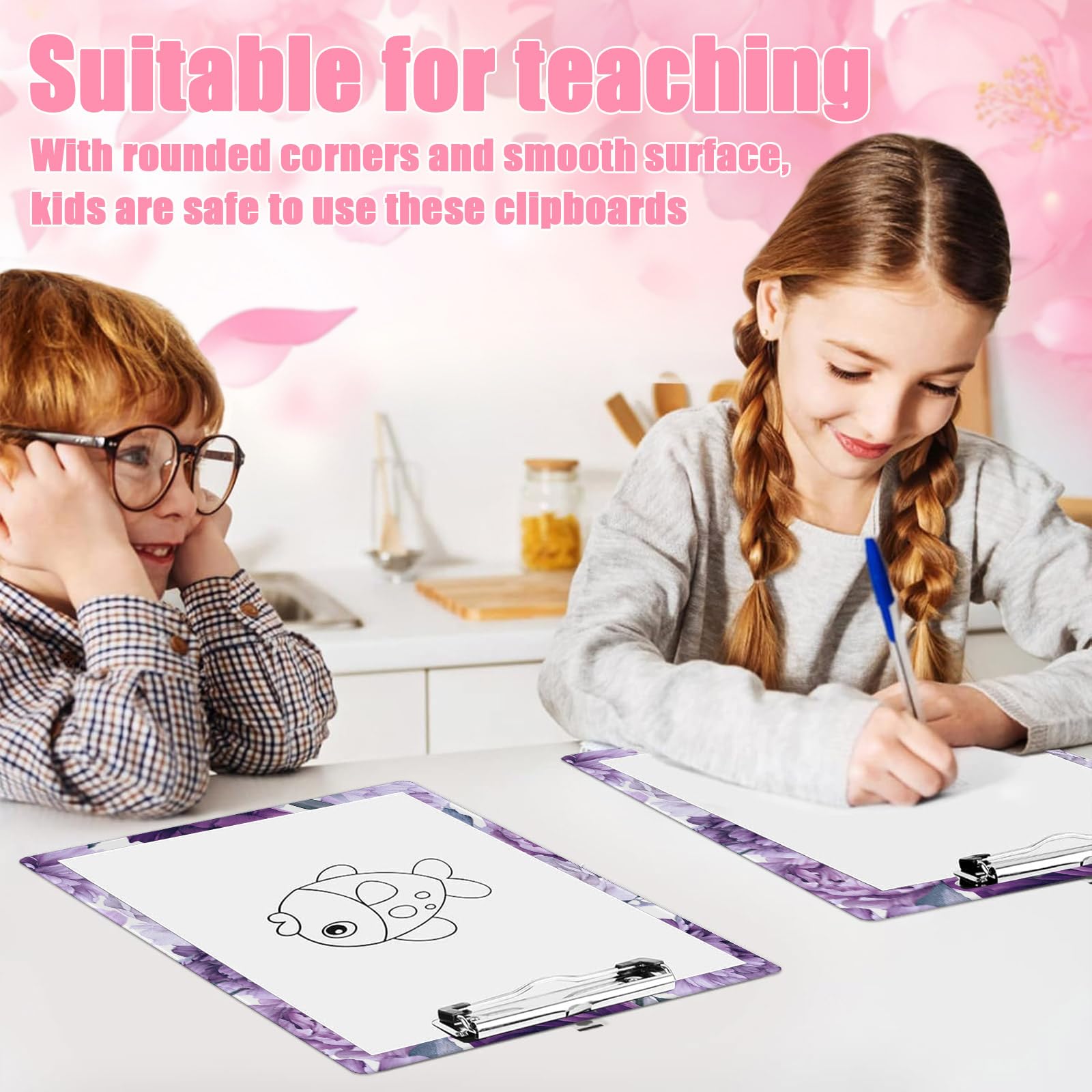 Portapapeles de flores moradas, tablero decorativo con clip de metal, bonito portapapeles de plástico A4 para enfermeras, estudiantes, oficina (tamaño estándar 8.5 x 12.5 pulgadas)