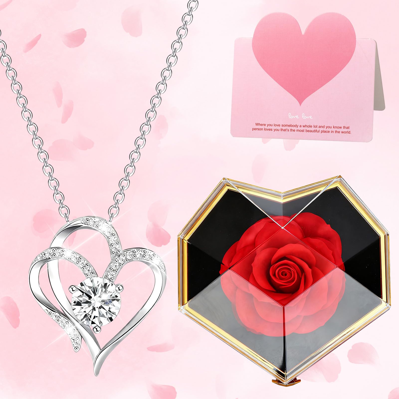 Rosa Eterna Stabilizzata Regalo Donna per Fidanzata Festa Della Mamma, Scatola Regalo a Forma di Cuore con Fiori Eterna e Collana, Regali San Valentino, Anniversario per Lei, Compleanno, Moglie -Rosso