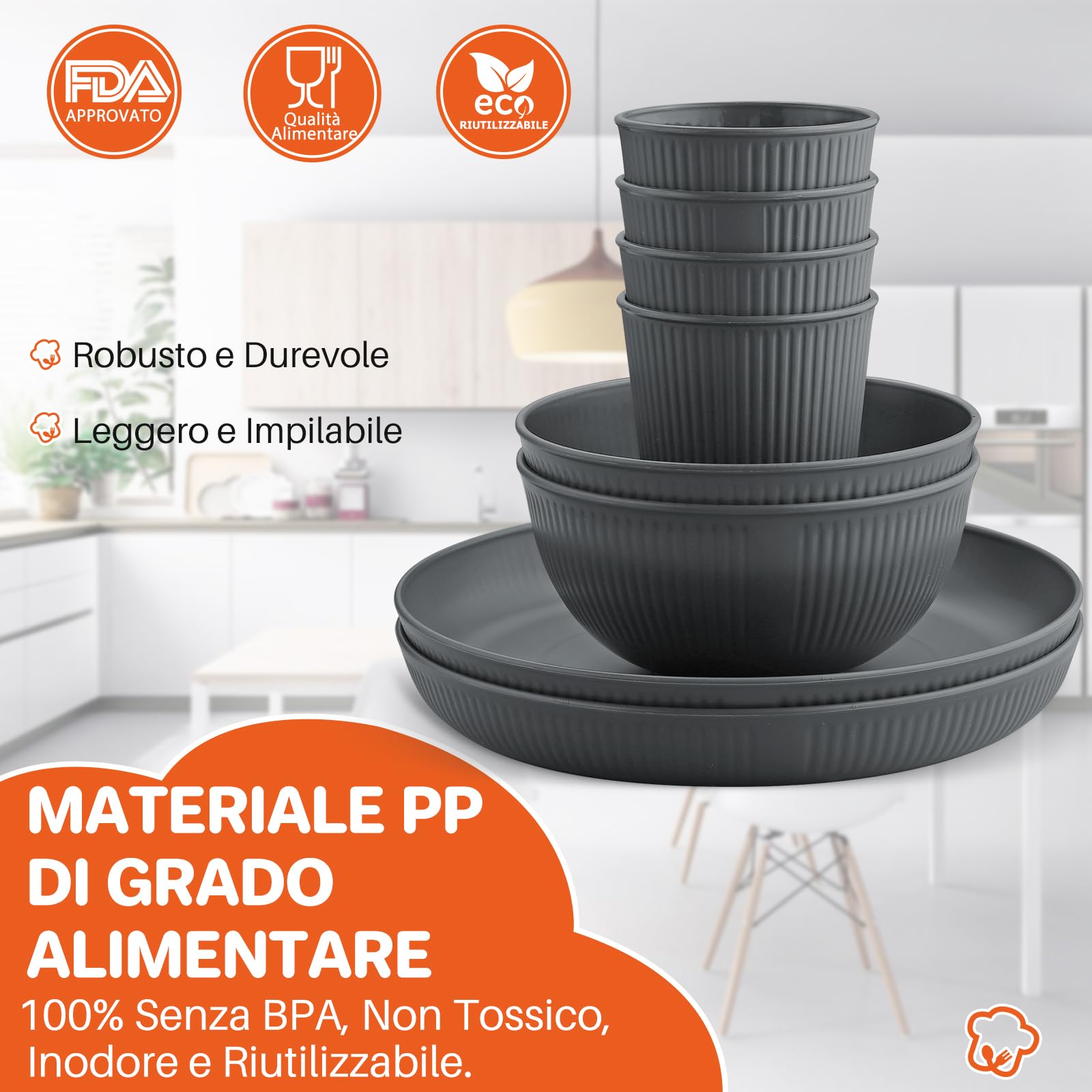 Hobein Set Stoviglie In Plastica Infrangibile Da 12 Pezzi (Servizio 4 Persone) - Piatti, Ciotole E Tazze In PP - Leggeri, Adatti A Microonde E Lavastoviglie, Ideali Per Campeggio E Picnic - 2
