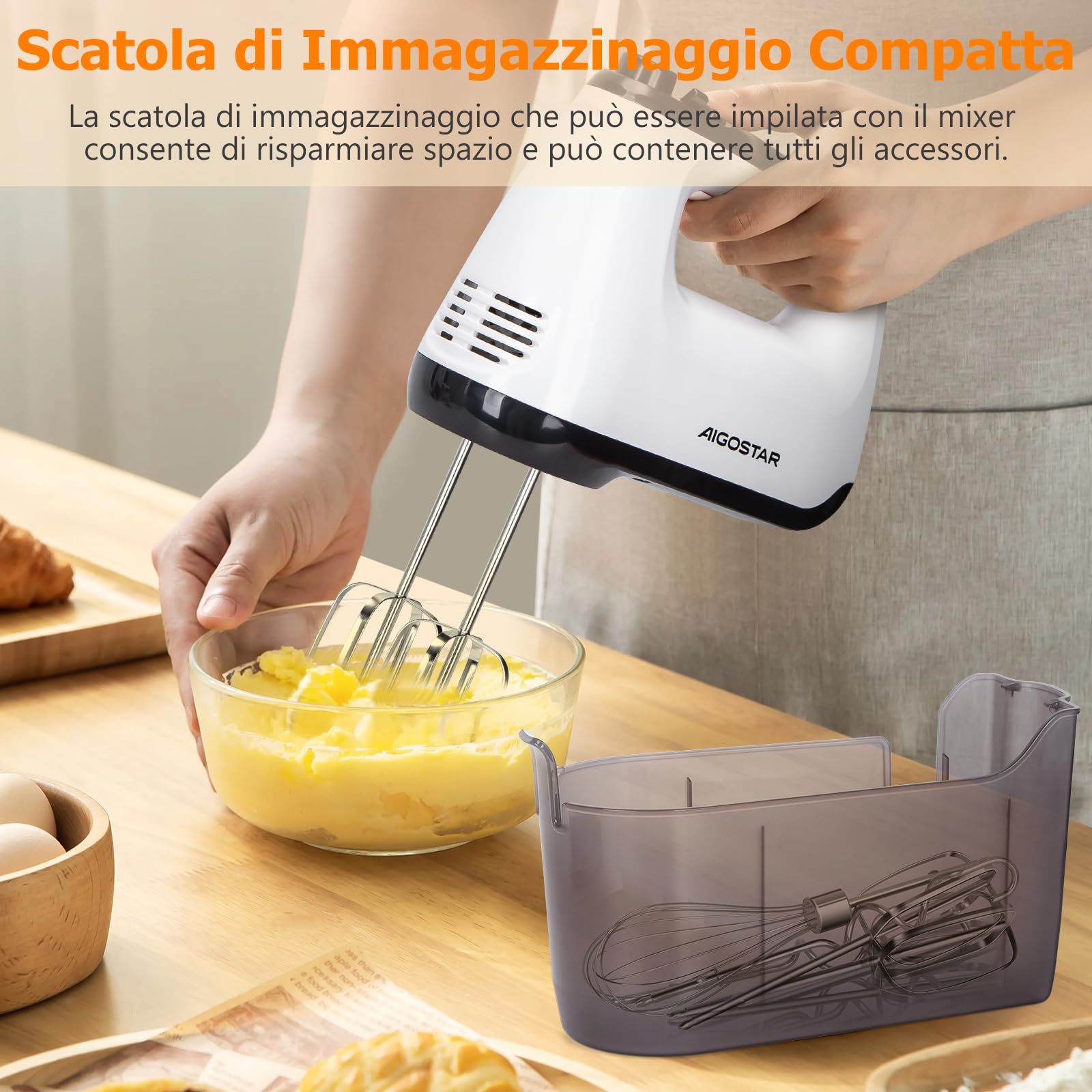 Aigostar Pudding - Sbattitore Elettrico, 6 Velocità e Turbo, Frusta Elettrica, 400W, Miscelazione Silenziosa. Dotato di 2 Fruste, 2 Ganci Impastatori, frusta e contenitore.