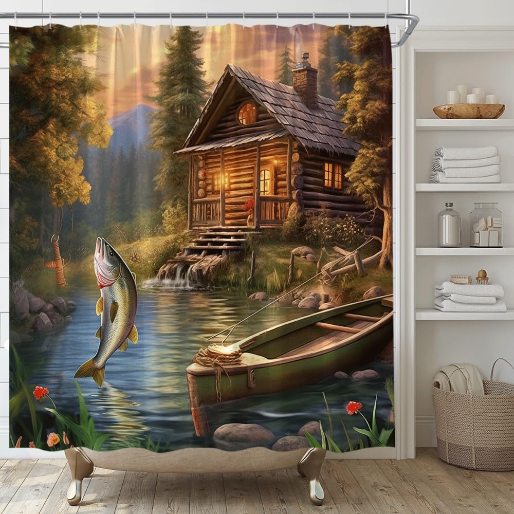 YSATNSFT Cabin Fishing Shower Curtain Farmhouse Rustic Bass Fish Lake Quotes Boat Wooden Lodge Sunset Nature Fabric Bathroom Decor Set with Hooks,(78
