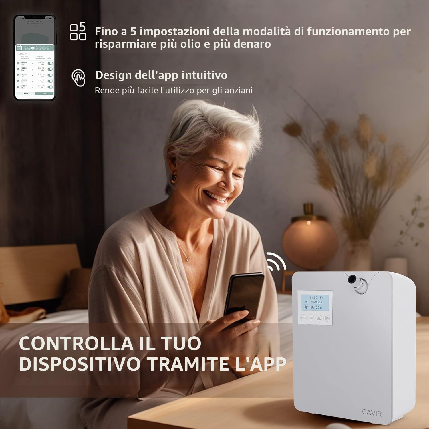 Cavir Diffusore di oli Essenziali, 300 mL Tecnologia di Nebulizzazione Senza Acqua, copertura di 2000 piedi quadrati, compatibile con sistemi HVAC