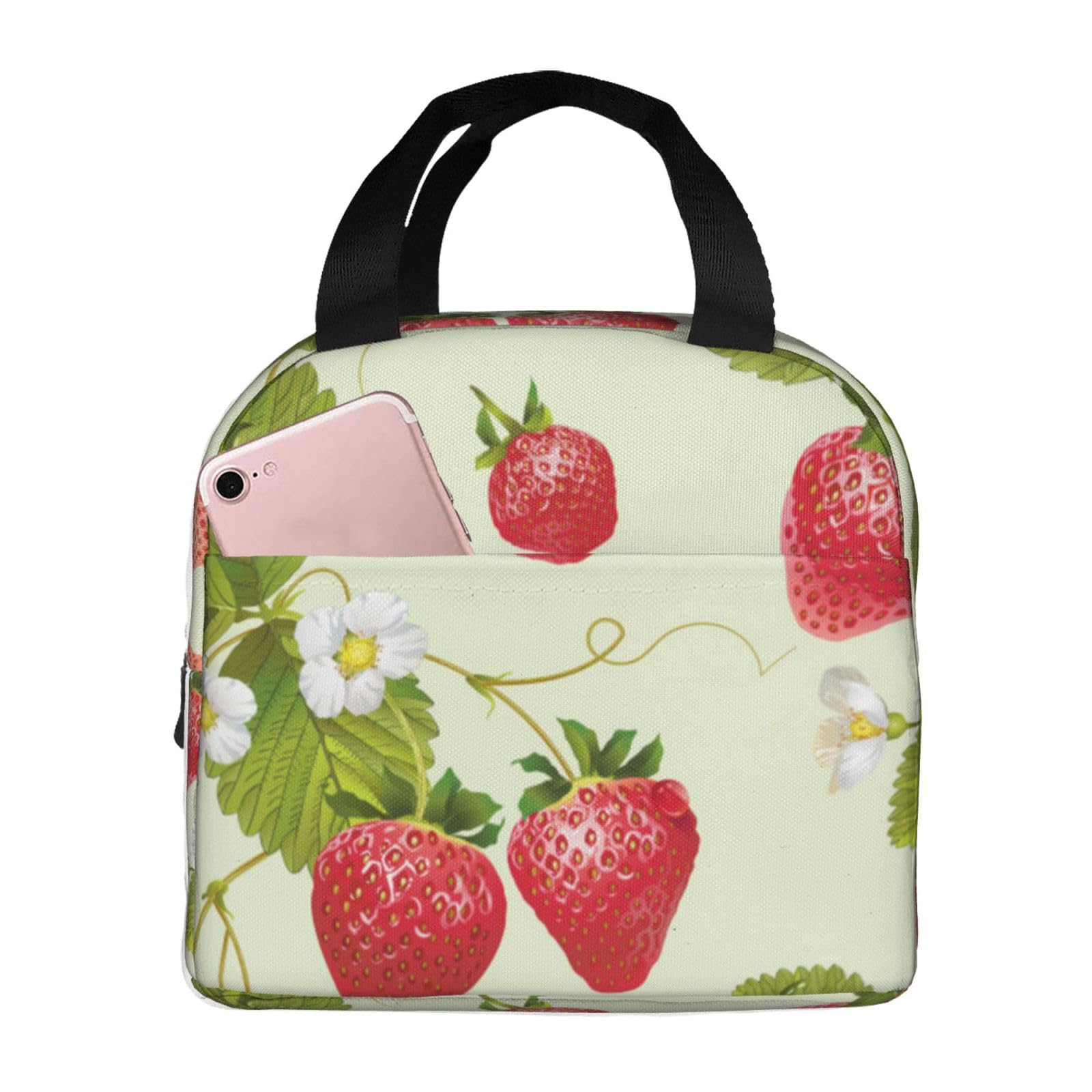 Borsa Pranzo Isolata Motivo Fragola – Termica A 4 Strati Con Scomparti, Cinturino Regolabile, Per Lavoro, Scuola, Picnic E Ufficio, 33x22x16,5 Cm