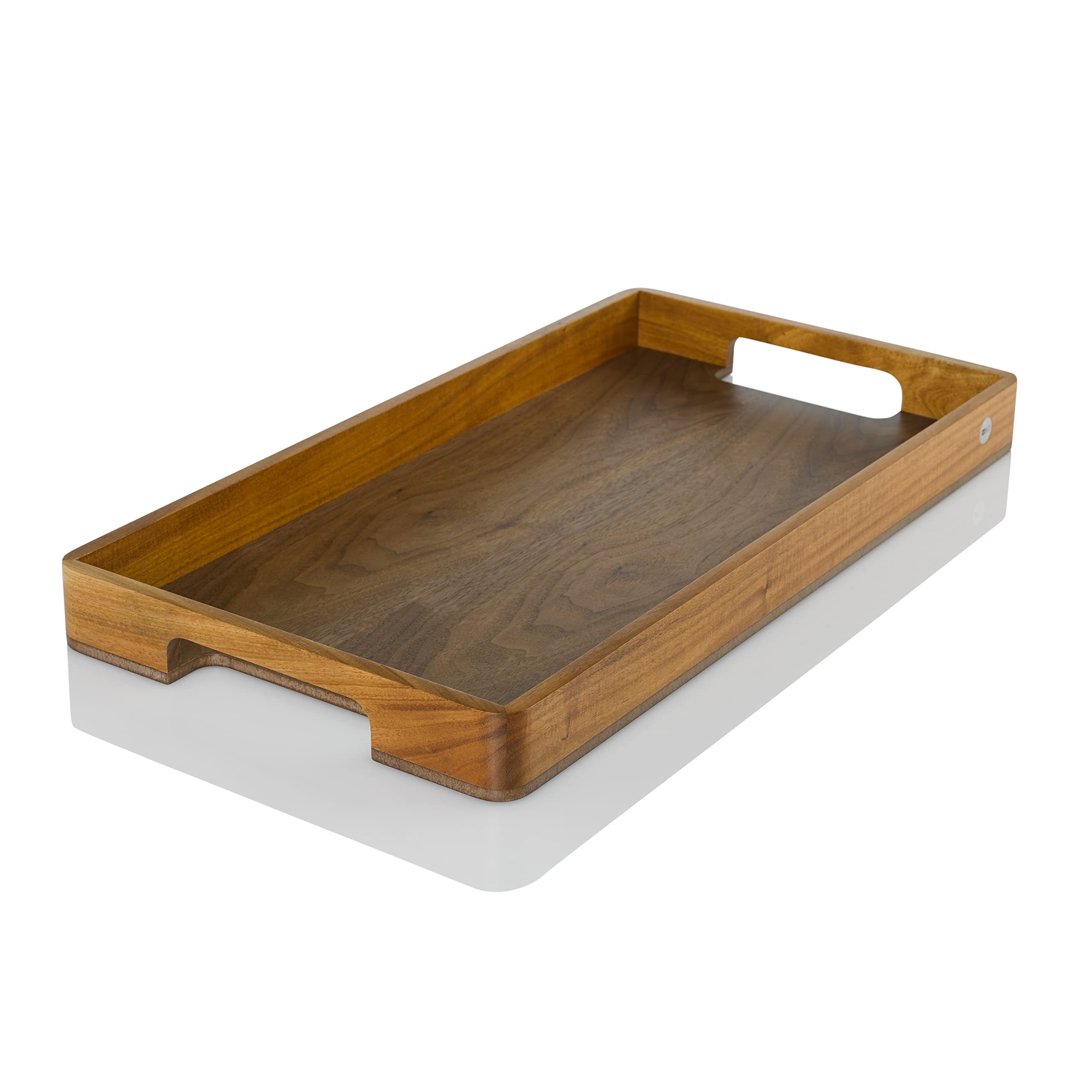 AdHoc Serve Smart Holztablett mit Griff, Serviertablett | Großes Tablett aus Akazienholz mit walnussfurniertem Boden, 56 × 30 cm