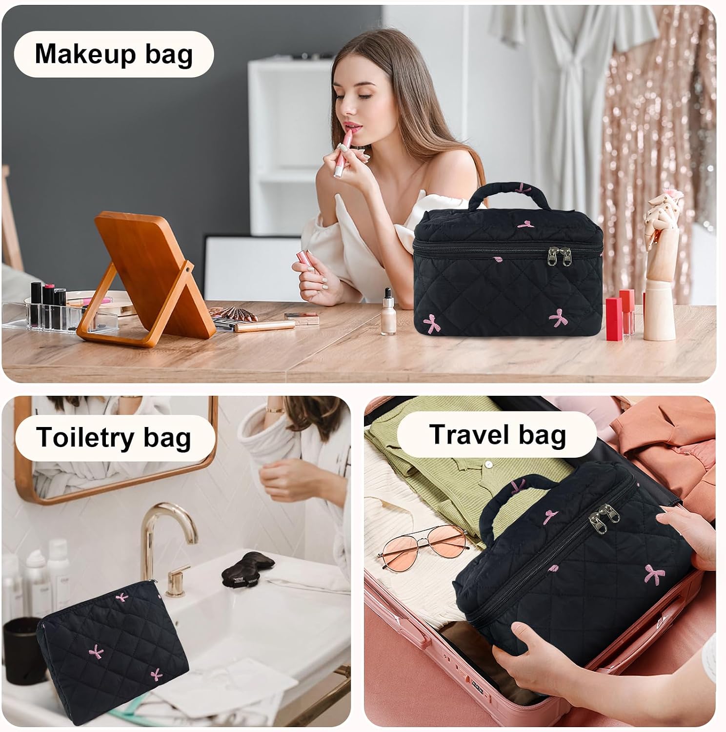 GISMTR 4Pcs Quilted Makeup Bag Set Cute Floral Cosmetic Bag Cotton Coquette Make up Bag Aesthetic Travel Toiletry Bag for Women Girls