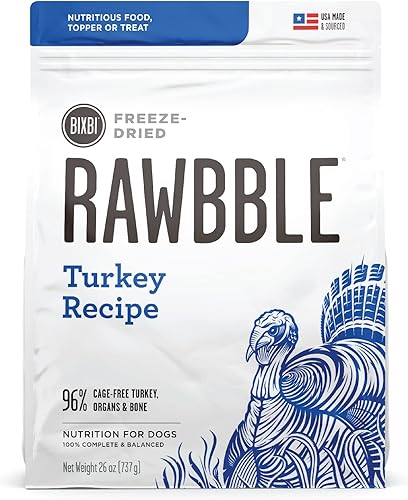 BIXBI Rawbble - Alimento liofilizado para perros, receta de pavo, 26 onzas, 96% de carne y órganos, sin rellenos, comida cruda para perros apta para