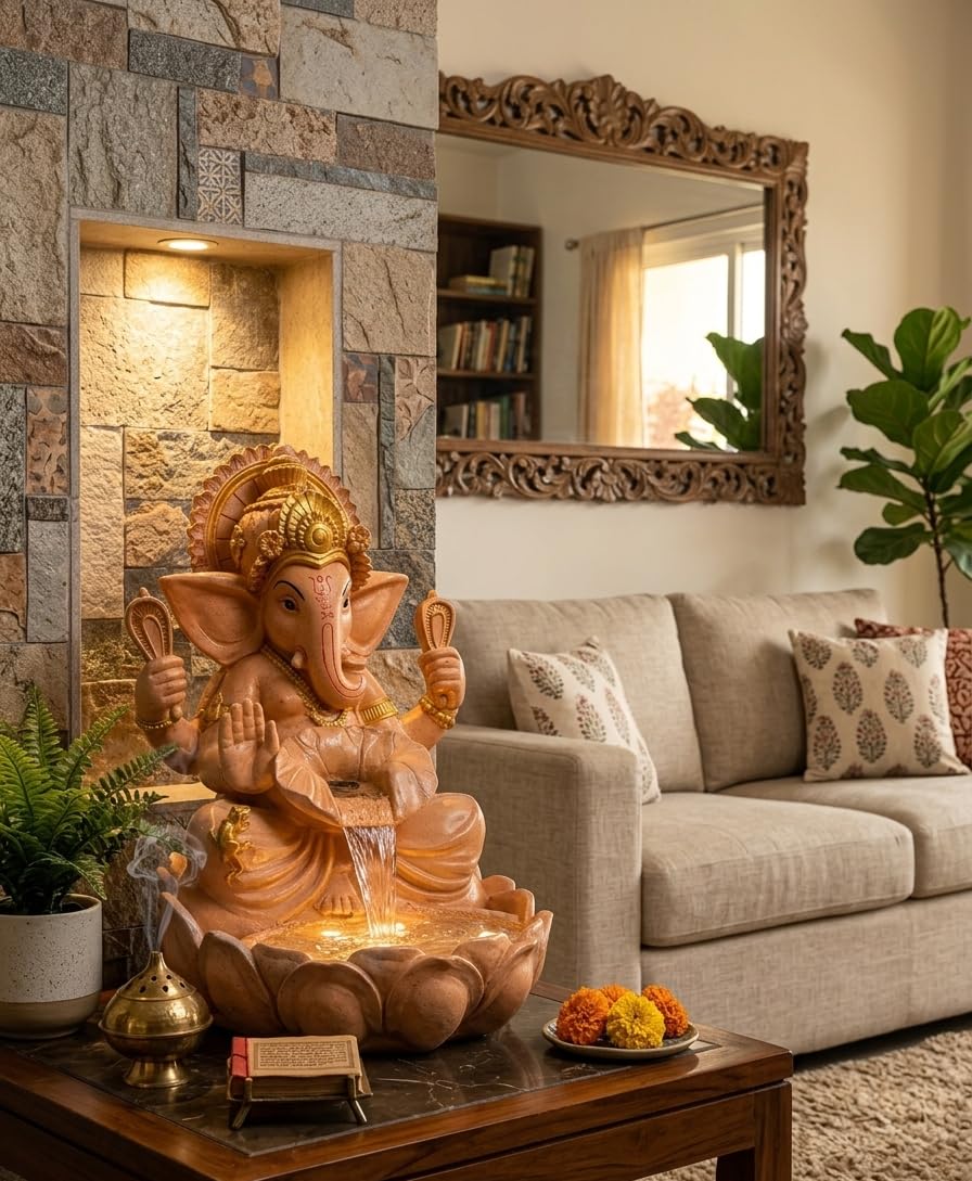 Ani Divine Premium Orange Lotus Ganpati Water Fountain with LED Light | 1.8 Feet Lord Ganesha Kamal Waterfall Decorative Fountain for Home Entrance, Garden, Temple, Spiritual Spaces-picture-11