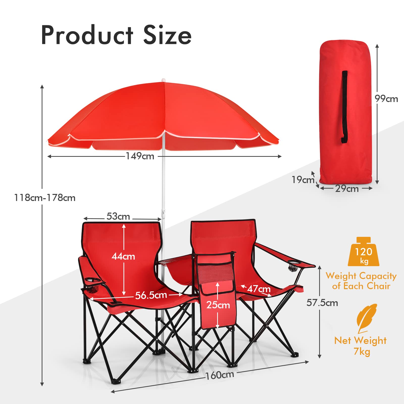 FANTASK Doppelsitzer Campingstuhl, 2-Sitzer Klappstuhl aus Oxford-Stoff & Stahl, Picknickstuhl mit Sonnenschirm, Kühltasche, Getränkehalter & Seitentasche, Faltstuhl für Camping, Angeln (Rot)