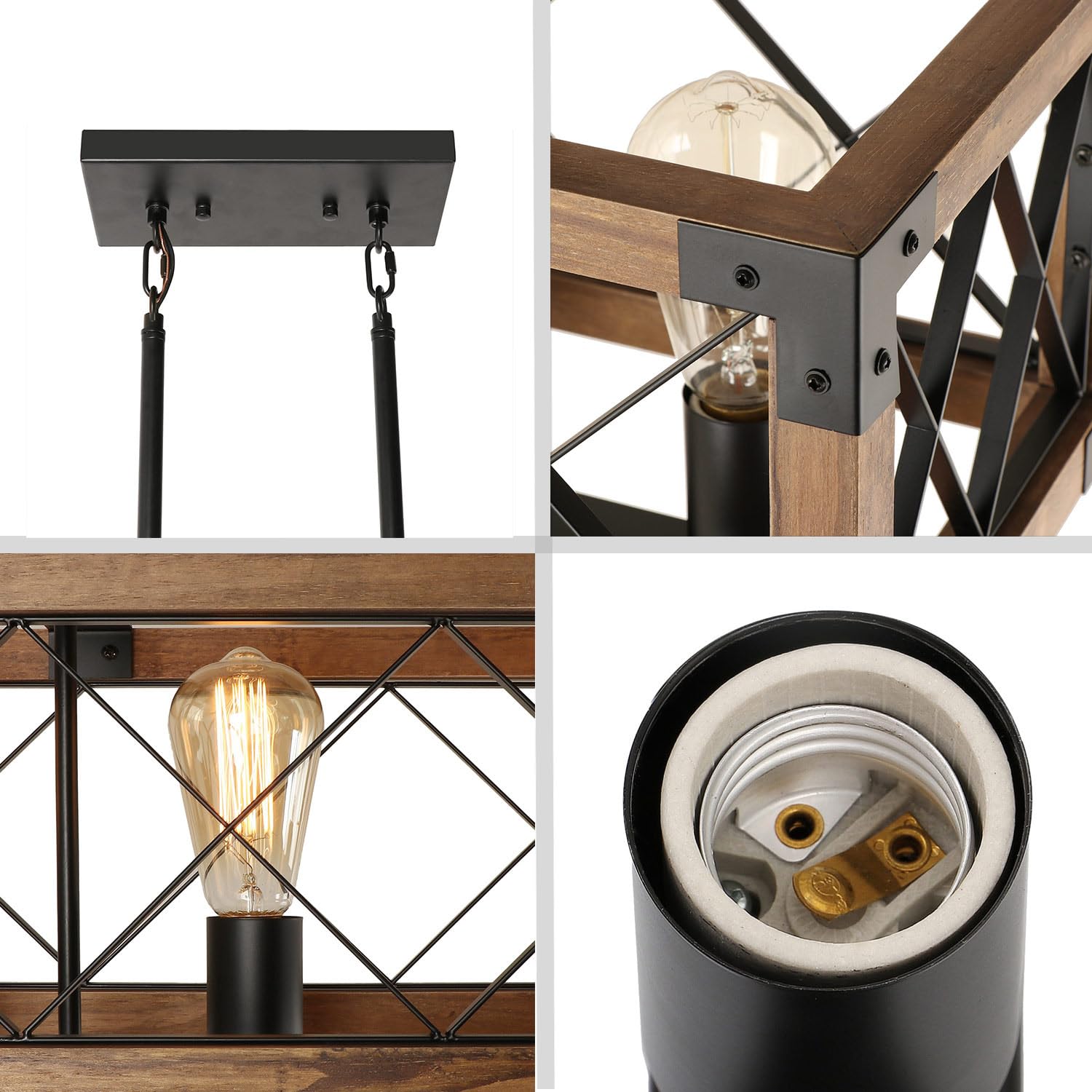 Vintage Pendelleuchte Holz Esstischlampe 80CM Hängelampe 5 x E27, Industrial Esstischlampe, Höhenverstellbar, Rechteckig Küchenleuchten für Esszimmer Küche Wohnzimmer Bar (Ohne Leuchtmittel)
