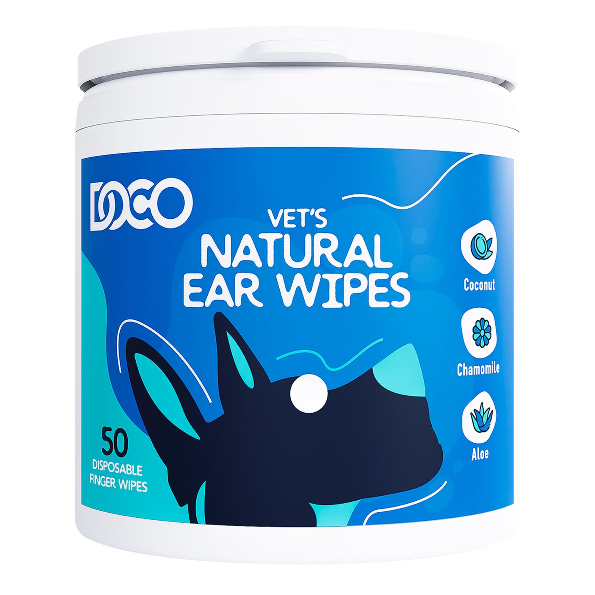 DOCO Dog Ear Cleaner Wipes Finger Cleaning Kit for Dogs & Cats Eucalyptus, Chamomile & Aloe Cat Ear Cleaner Soothes, Deodorizes & Helps Itchy Ears – 50 Count
