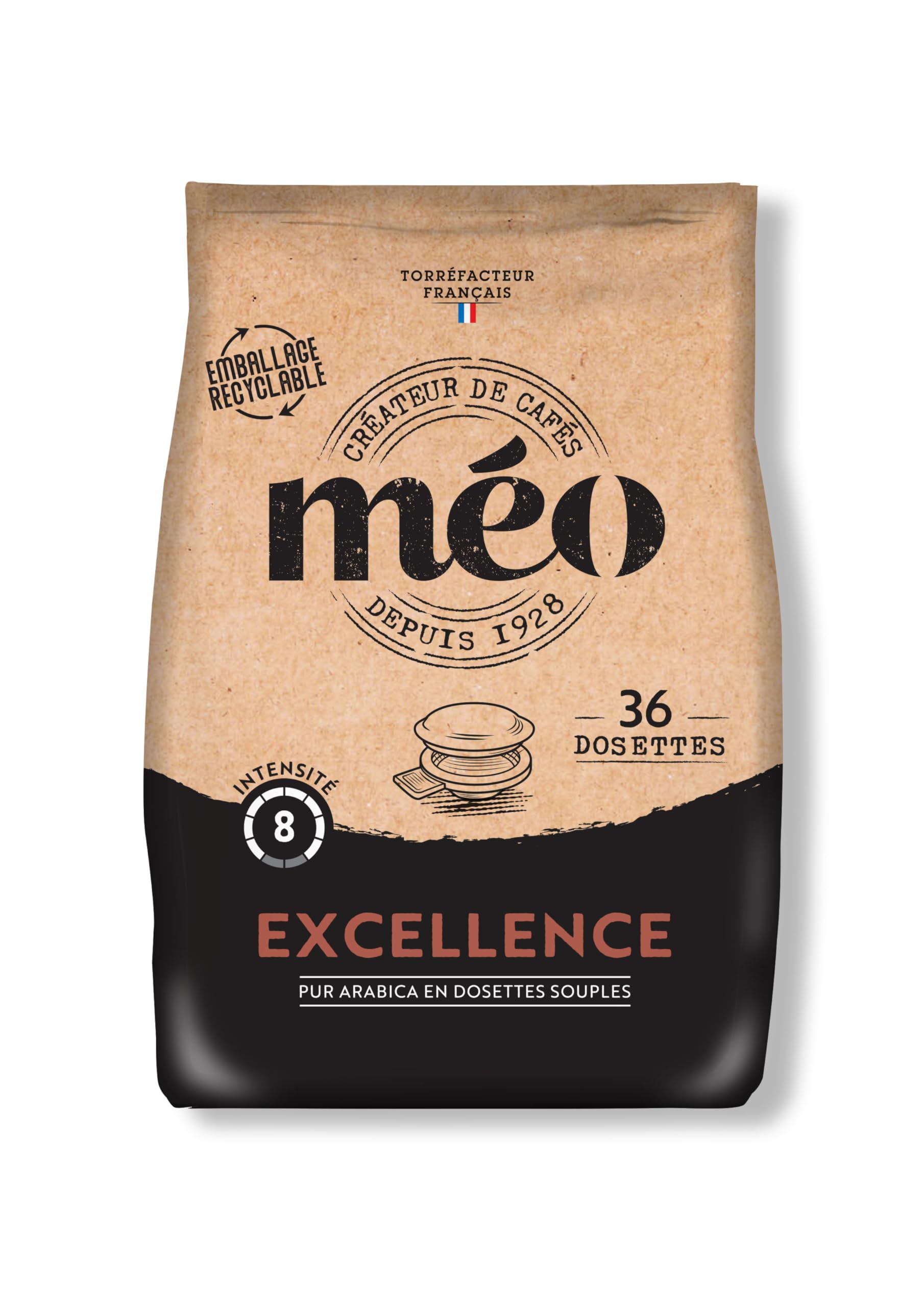 Cafés Méo - Dosettes Café Excellence Pur Arabica - 432 Capsules - Compatible avec Senseo - Intensité 7/10 - Arômes Authentiques, Fin et Aromatique - Lot de 12x36