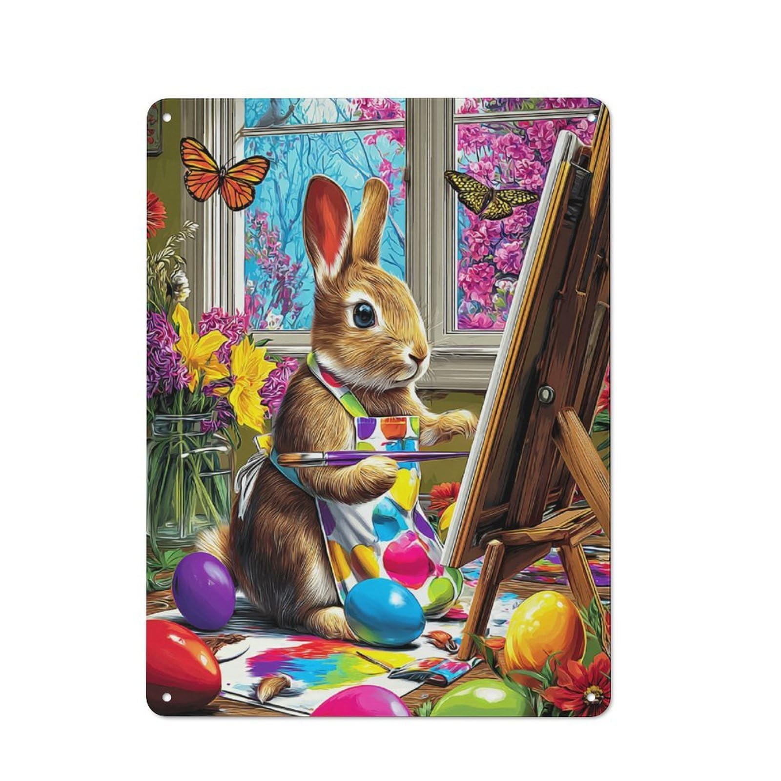 Junmoney Rabbit Artist In Spring Studio Vintage Tin Sign 40X30cm For Dining Room Or Kitchen, For Themed Interiors In Kitchens And Dining Spaces