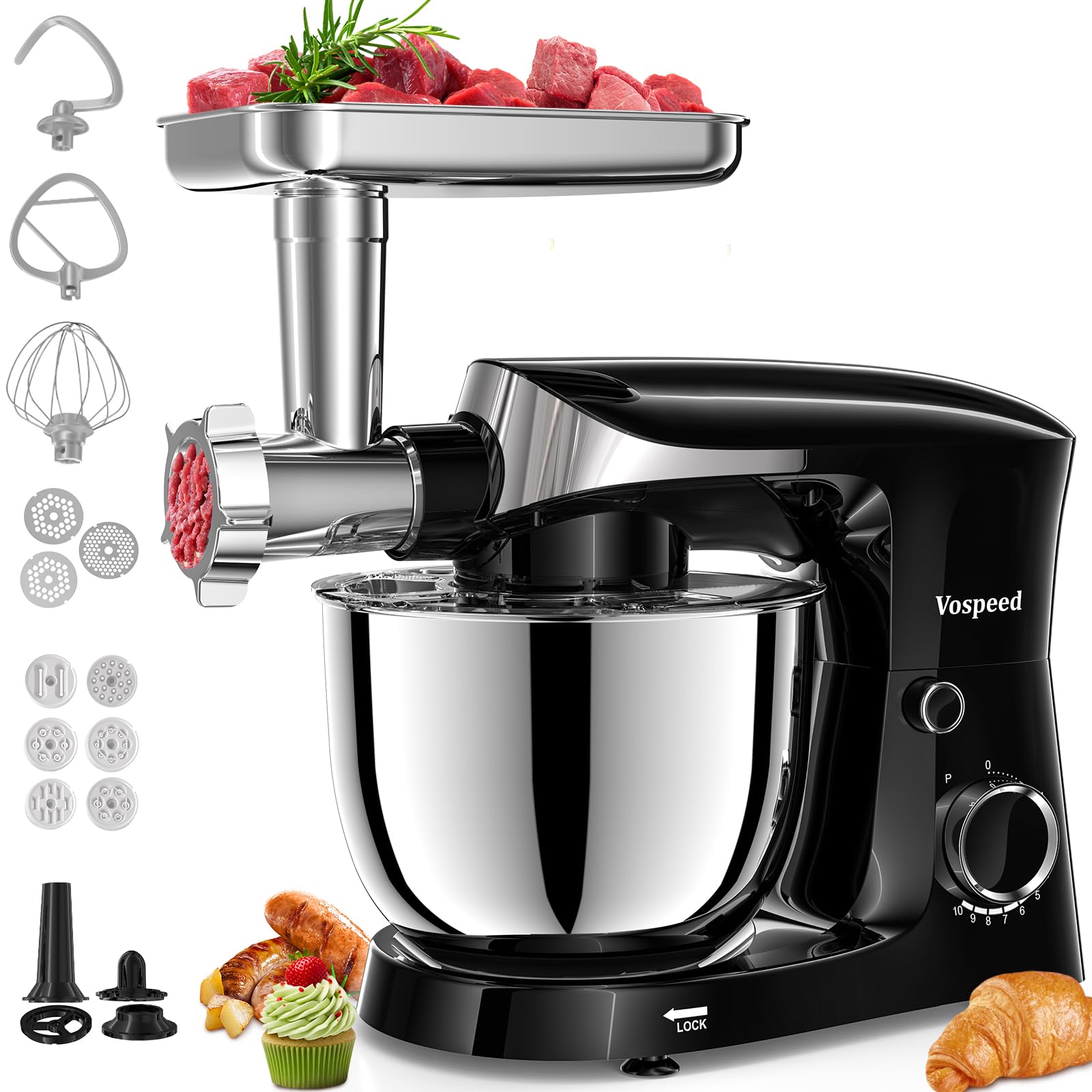 Vospeed Stand Mixer, 5.5L Food Mixers for Baking, 1500W Tilt Head Kitchen Electric Mixer, Cake Mixers with Dough Hook, Whisk and Mixer-image-42