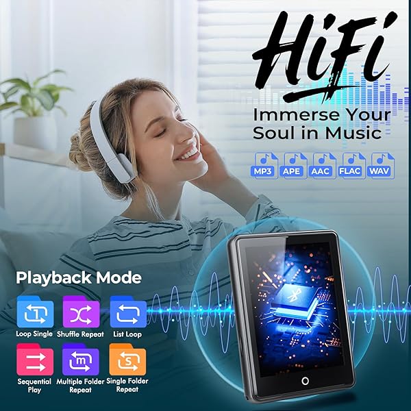 Lettore MP3 da 64 GB, Bluetooth 5.3, touchscreen da 2,8 pollici, alloggiamento in zinco, suono HiFi e altoparlante, durata della batteria 48 ore, rumore bianco (18 suoni), con cuffie e custodia, 128 - 4