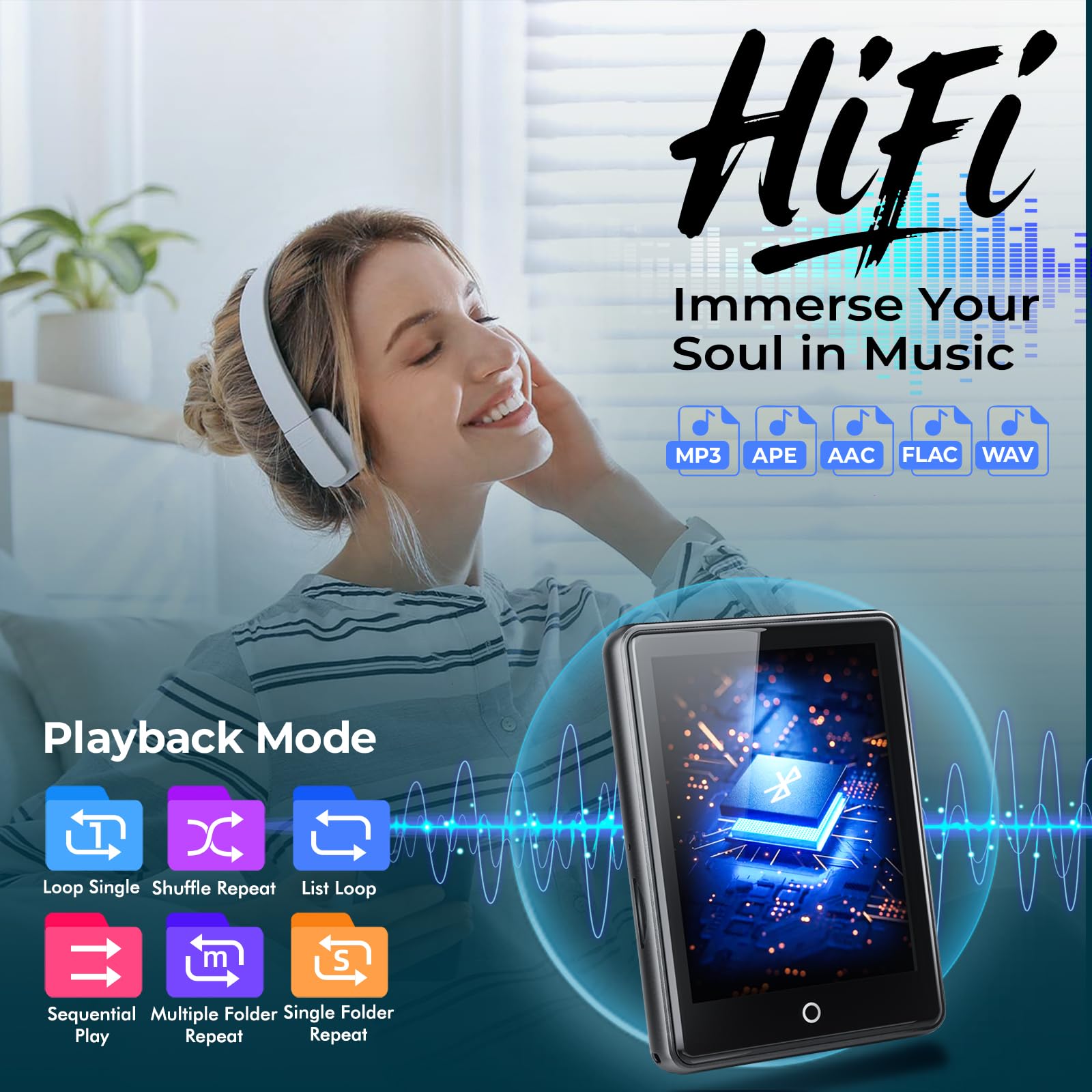 64GB MP3 Player Bluetooth 5.3, 2,8 Zoll Touchscreen, Zinkgehäuse, HiFi-Klang & Lautsprecher, 48h Akkulaufzeit, Weißes Rauschen (18 Klänge), inkl. Kopfhörer & Tasche,Schwarz