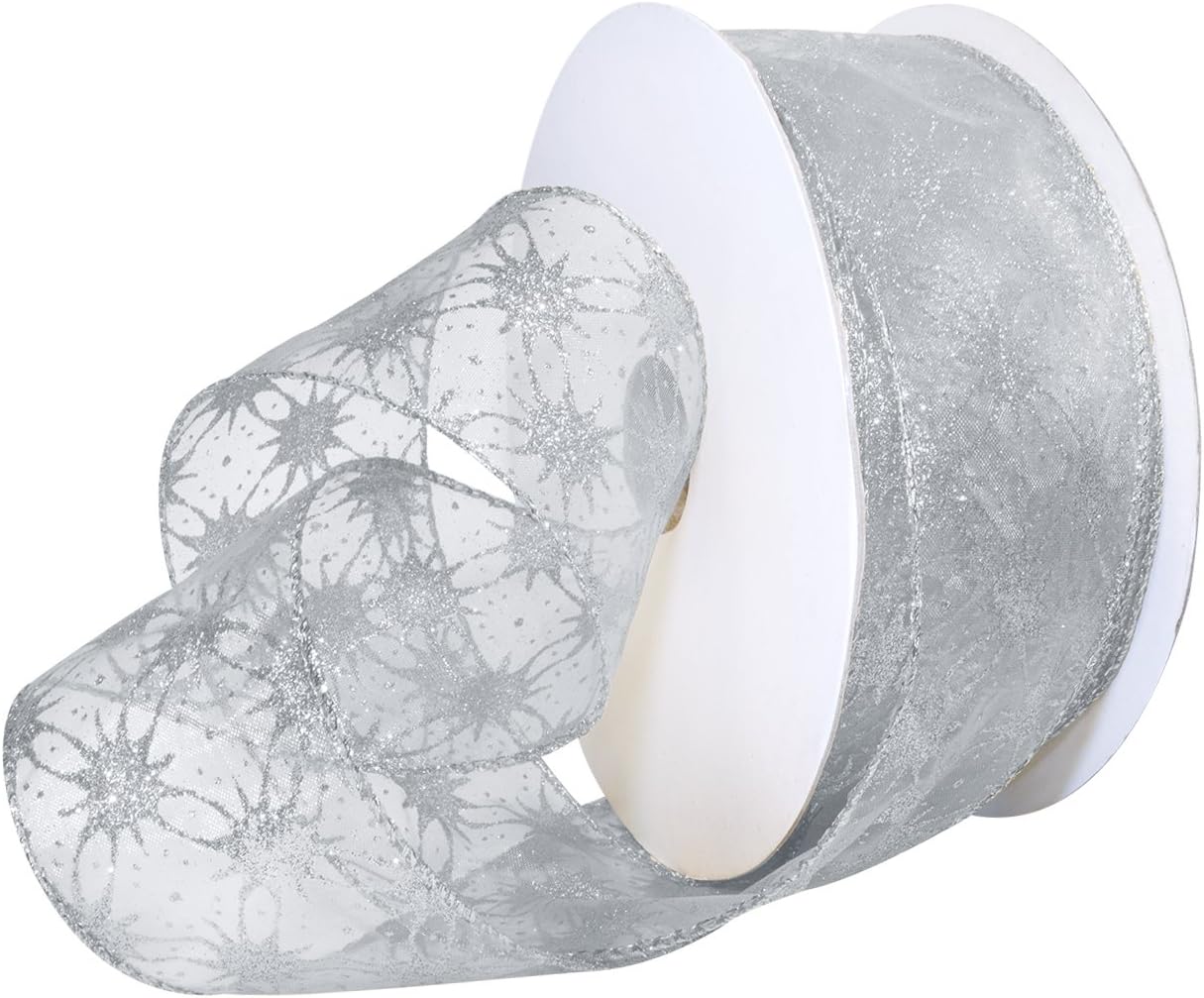 Morex Ribbon Wired Polyester Milky Way Ribbon, 2-1/2" x 50 yd, White/Silver