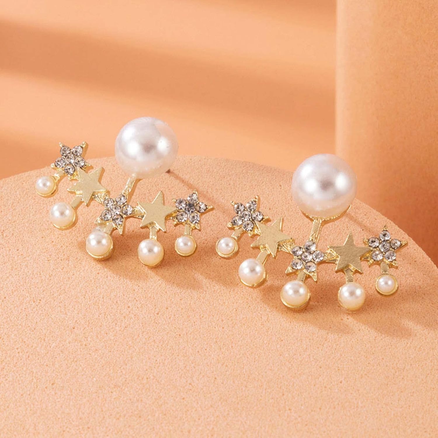 YienDoo Vintage Pearl Dangle Earrings Gold Pearl Drop Earrings Stud Rhinestone Star Drop Earrings Statement Pearl Star Cluster Earrings Wedding Bridal Pearl Earrings Jewelry for Women - Image 3