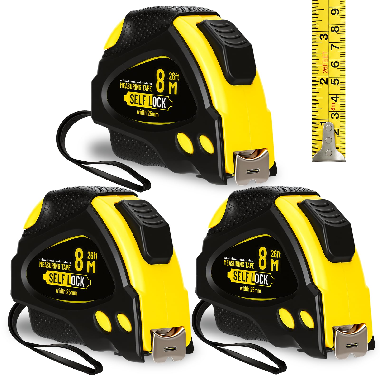 Bafeil 3 Pcs 8m Tape Measure, Heavy Duty Retractable Metric & Imperial Measuring Tape with Hard Shell Case, Easy-Read Blade and Auto Lock for Builders, Carpentry, Bricklaying and DIY
