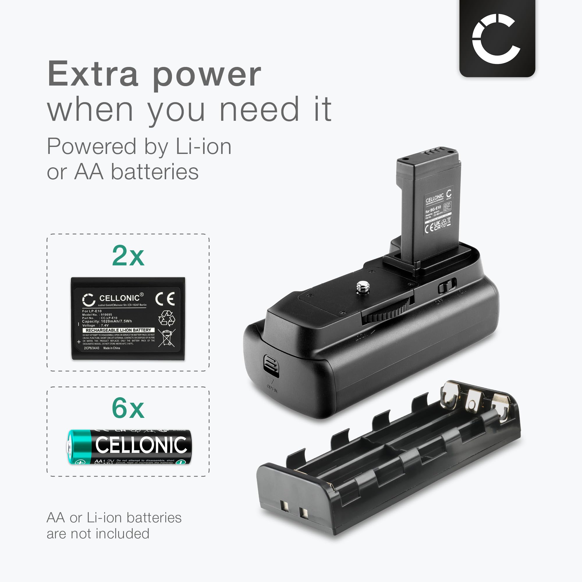CELLONIC Impugnatura BG-E10 Compatibile con Battery Grip per Fotocamera Fotografia Verticale Multifunzione portabatterie LP-E10