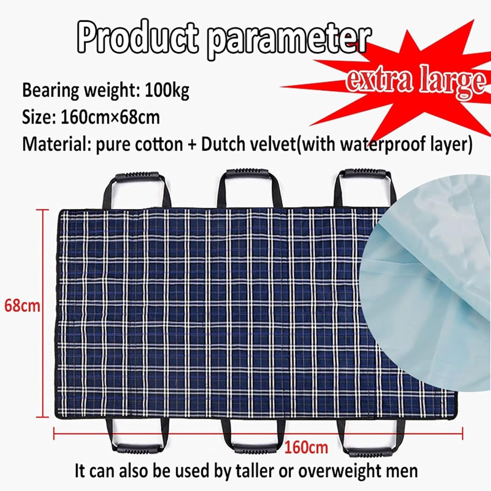 Almohadilla de cama de posicionamiento Con 6 Asas Reforzadas Para Levantar, Girar, Mover Y Colocar, sábana de transferencia impermeable reutilizable para pacientes y discapacitados(68 * 160cm)