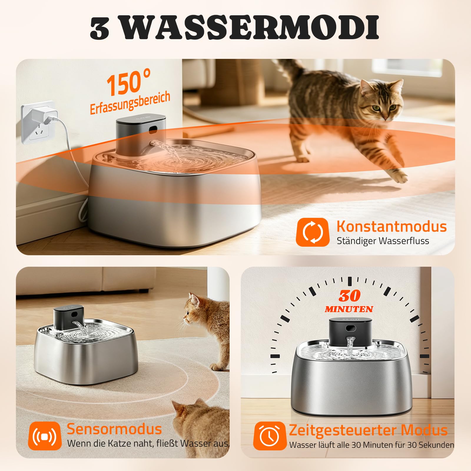ROTTOGOON Katzenbrunnen Kabellos, 3,2L Trinkbrunnen mit Bewegungssensor | Katzentrinkbrunnen Edelstahl, Automatisch Wasserbrunnen für Katze, 3 Wassermodi, Leise Intelligenter Kern, Leicht zu Reinigen