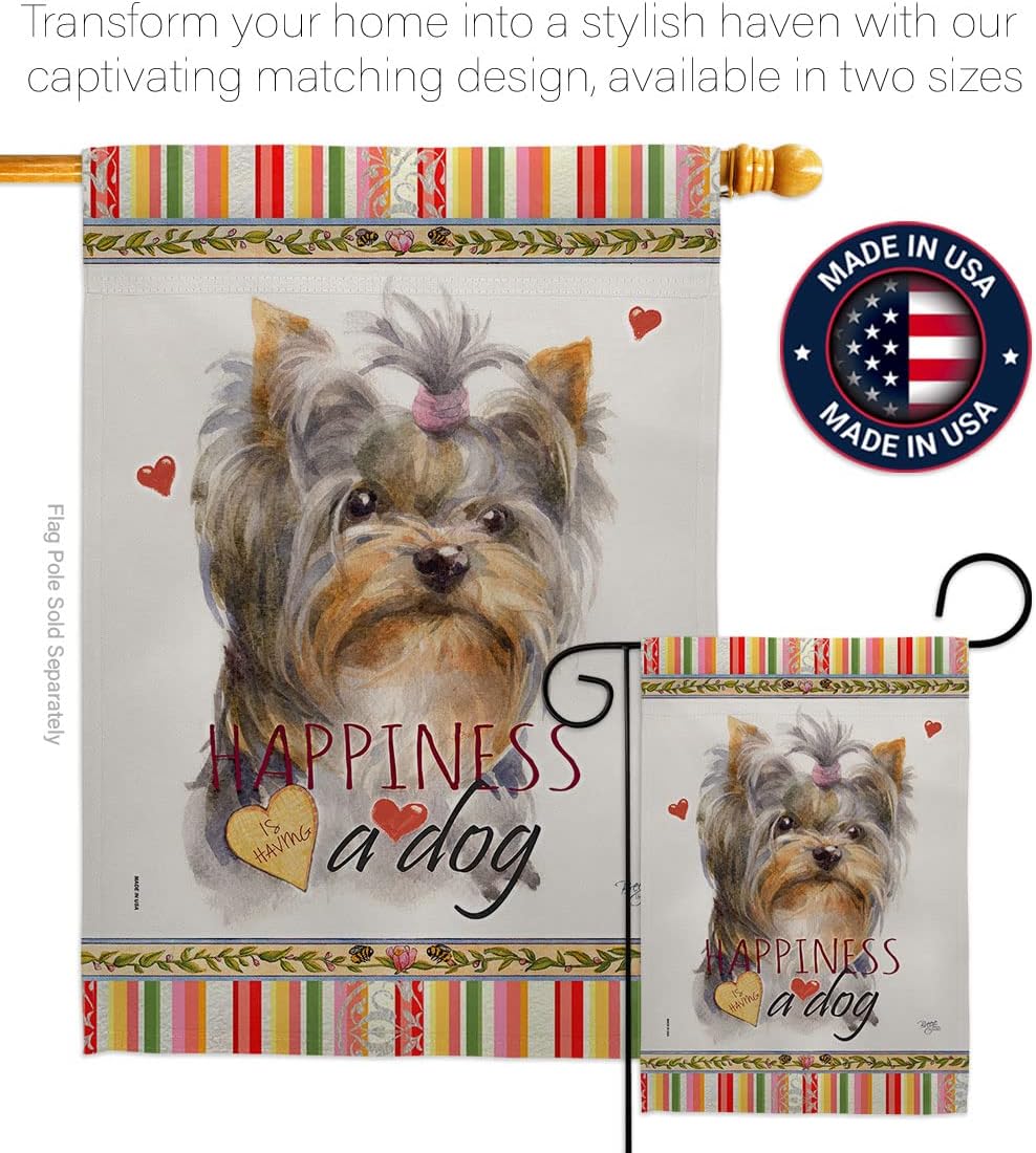 Breeze Decor Yorkshire Happiness House Flag Dowel Set Dog Puppy Spoiled Paw Canine Fur Pet Nature Farm Animal Creature Decoration Banner Small Garden Yard Gift Double-Sided, Made in USA