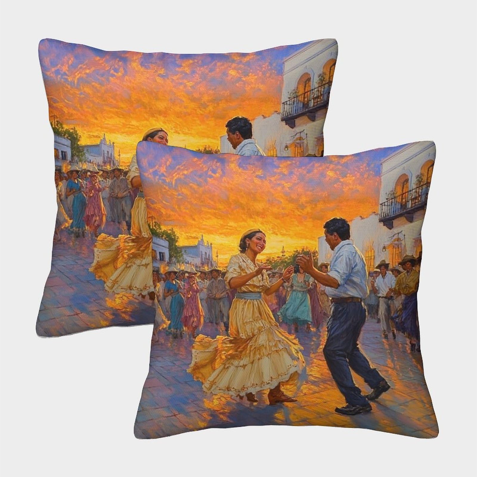kaiyun 2 Pack Throw Pillowcase 50x50cmSunrise,People Dancing in The Town Square Pattern Cushion Cover Home Decoration