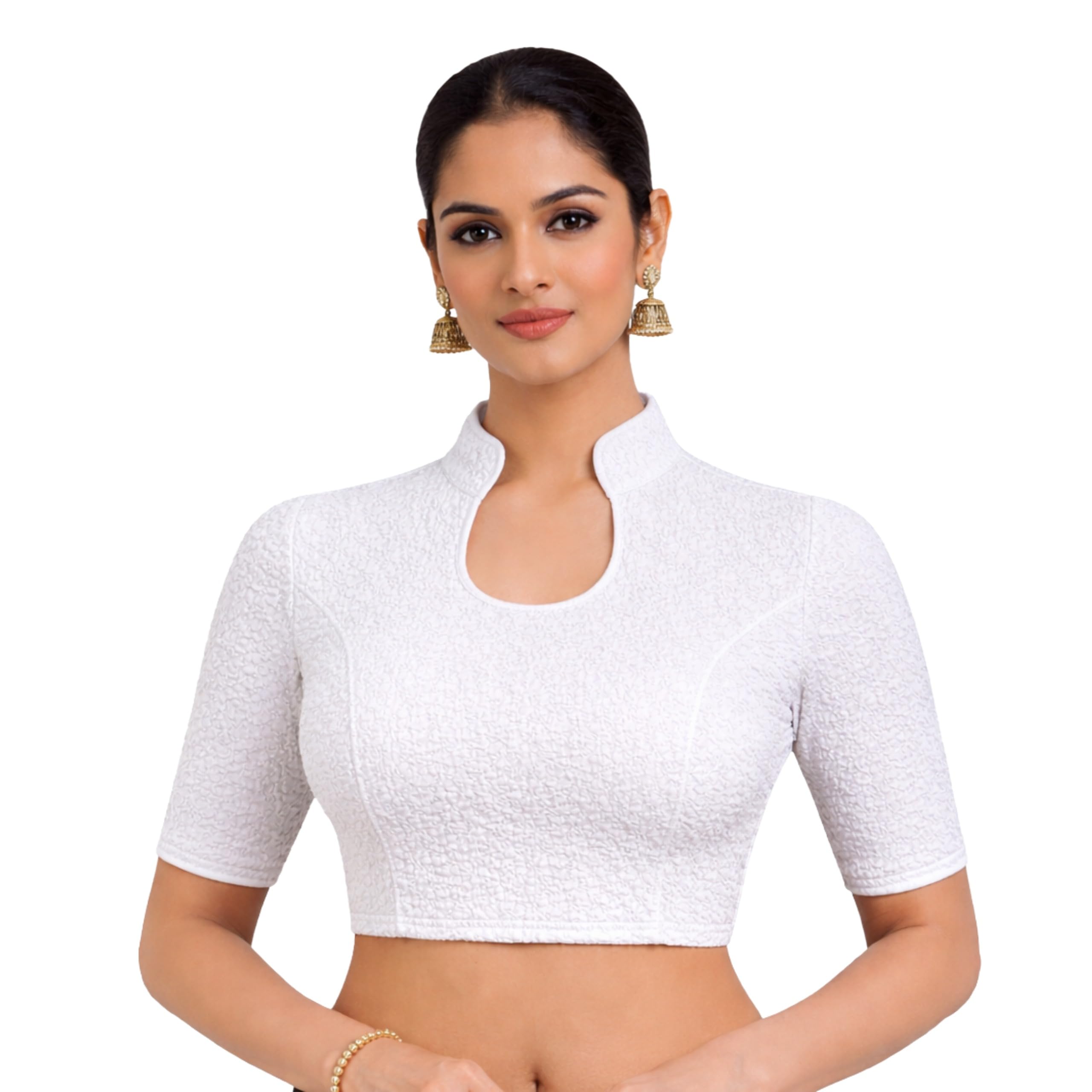 fressia fabrics Collar Neck Stretchable Elbow Sleeve Readymade Saree Blouse for Women Stylish-picture-3