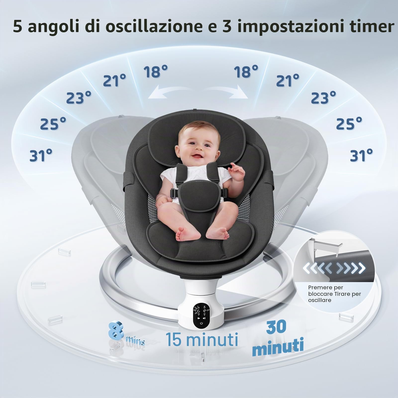 Altalena per neonati, dondolo elettrico per bambini con app e telecomando, imbracatura a 5 punti aggiornata, 10 musiche Bluetooth e 5 velocità, resiste a 9 kg