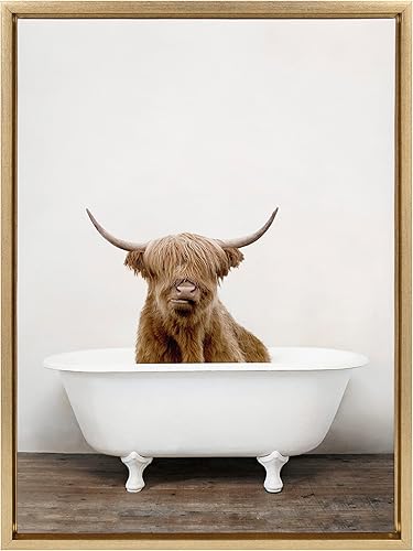 Miniatura 2 de Kate and Laurel Sylvie Highland Cow in Tub - Lienzo enmarcado para pared, diseño de vaca de las tierras altas por Amy Peterson Art Studio, 18 x 24