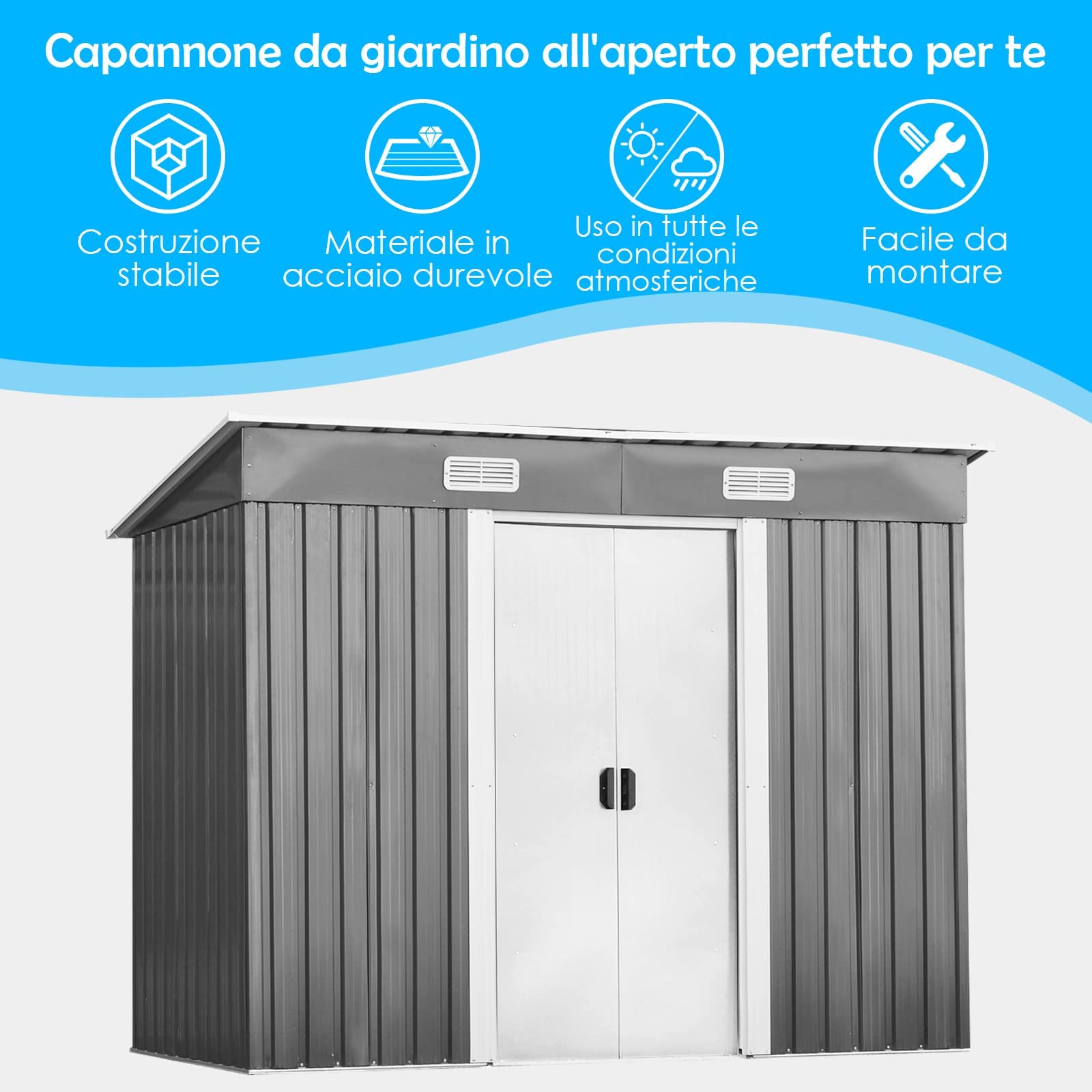 RELAX4LIFE Casetta da Giardino 3,12 m² 5 m³, in Lamiera d'Acciaio e e Lamiera Zincata con2 Porte Scorrevoli, Tetto Inclinato, per Porta Attrezzi, Tosaerba 238×131×160cm
