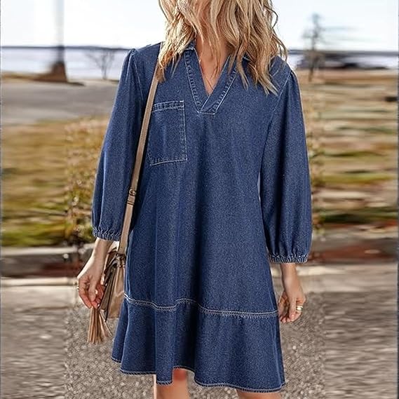 FQZWONG Denim Dress for Women Fashion Casual Babydoll V Neck 3/4 Puff Sleeve Jean Dresses Fall Trendy Collared Mini Dress