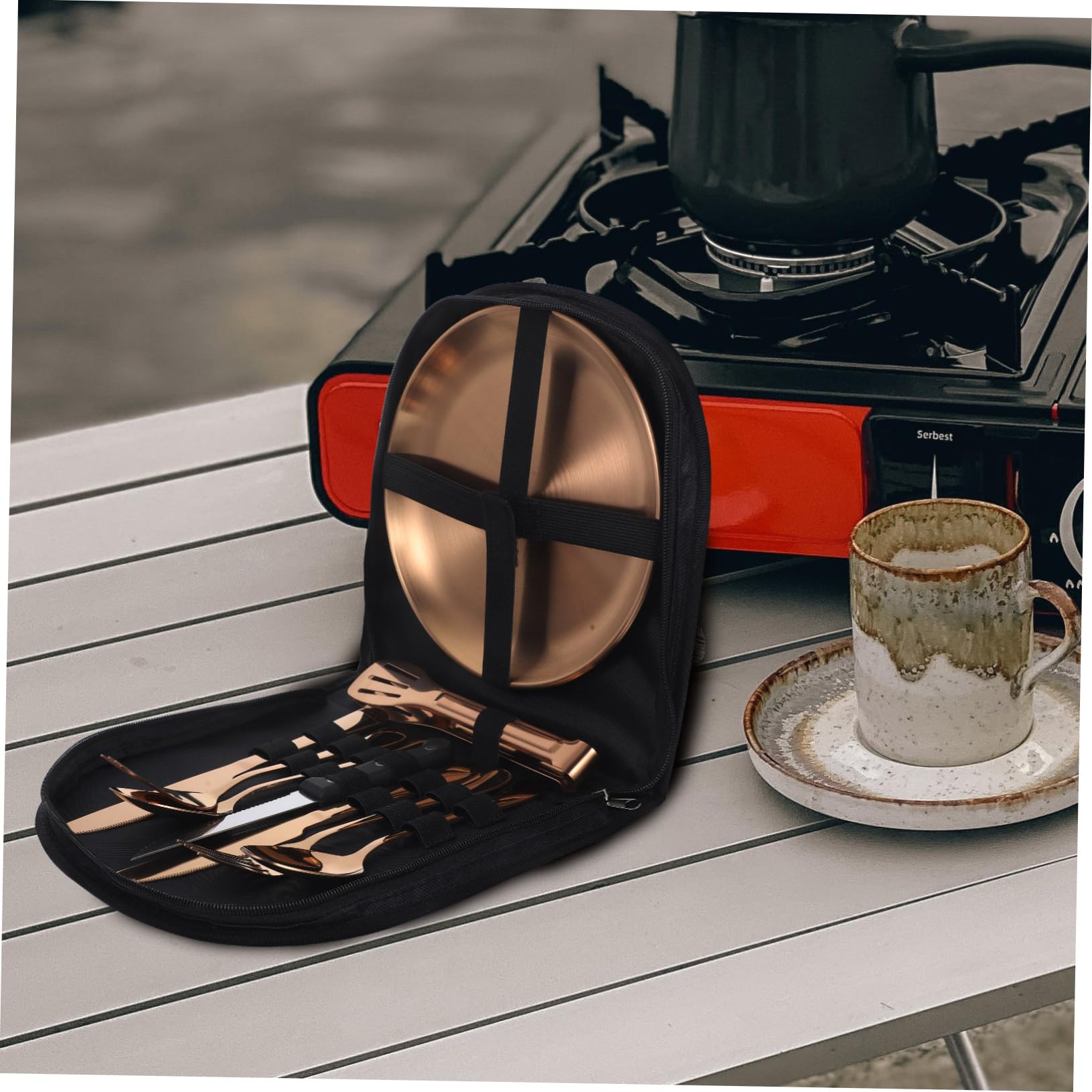 MAGICLULU Edelstahl Campinggeschirr mit Klappbesteck aus Metall Servierlöffel und Gabeln für Outdoor-use Tragbares Essgeschirr für Picknicks und Reisen