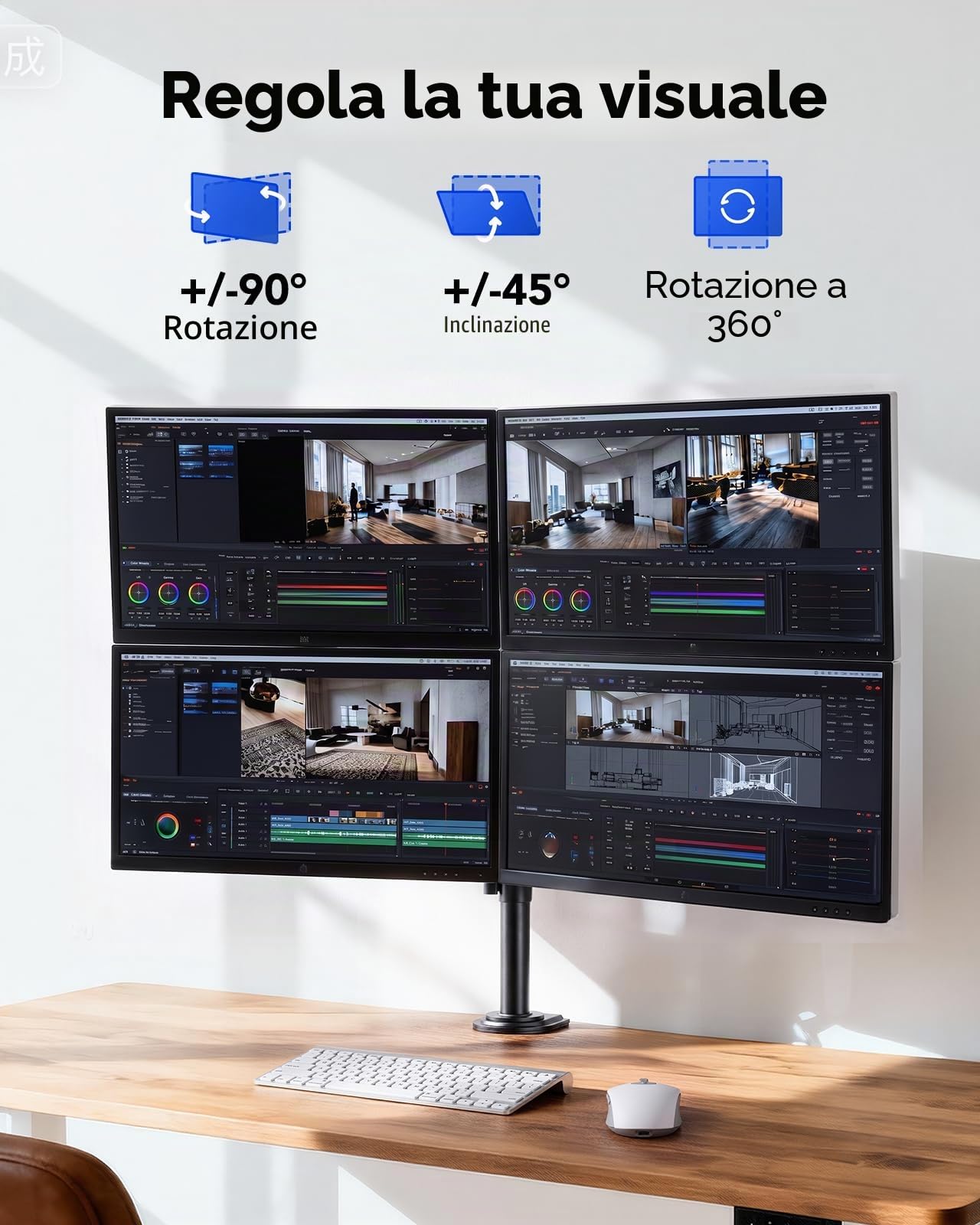 HUANUO Supporto 4 Monitor- Braccio monitor LCD per impieghi gravosi con articolazione completa, adatto a 4 schermi fino a 27 pollici - Ogni braccio sostiene fino a 10 kg, VESA 75x75-100x100 mm