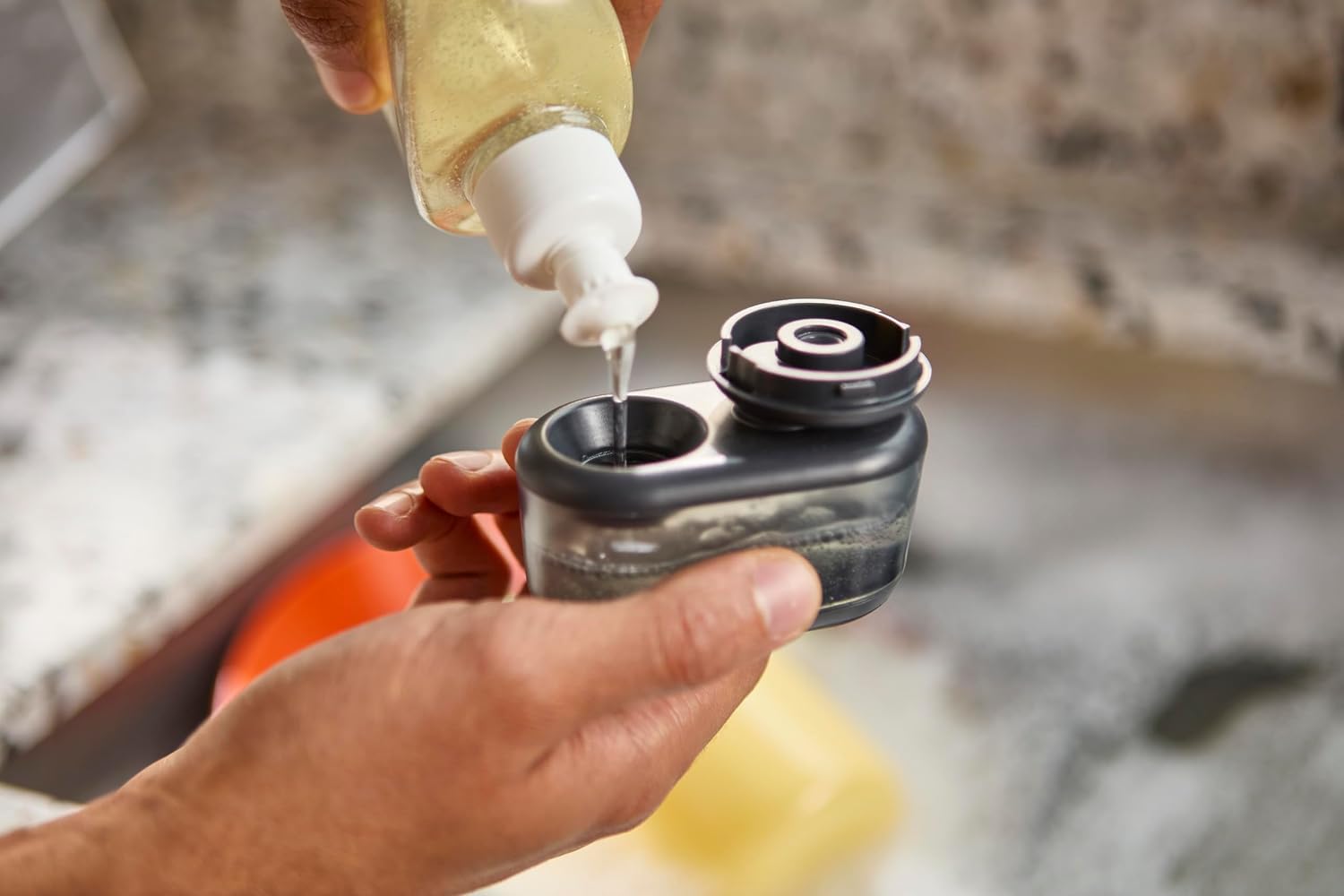 Joseph Joseph SinkTech Soap-Dispensing Palm Brush with Replaceable Head and Stainless-Steel Stand Drip Tray
