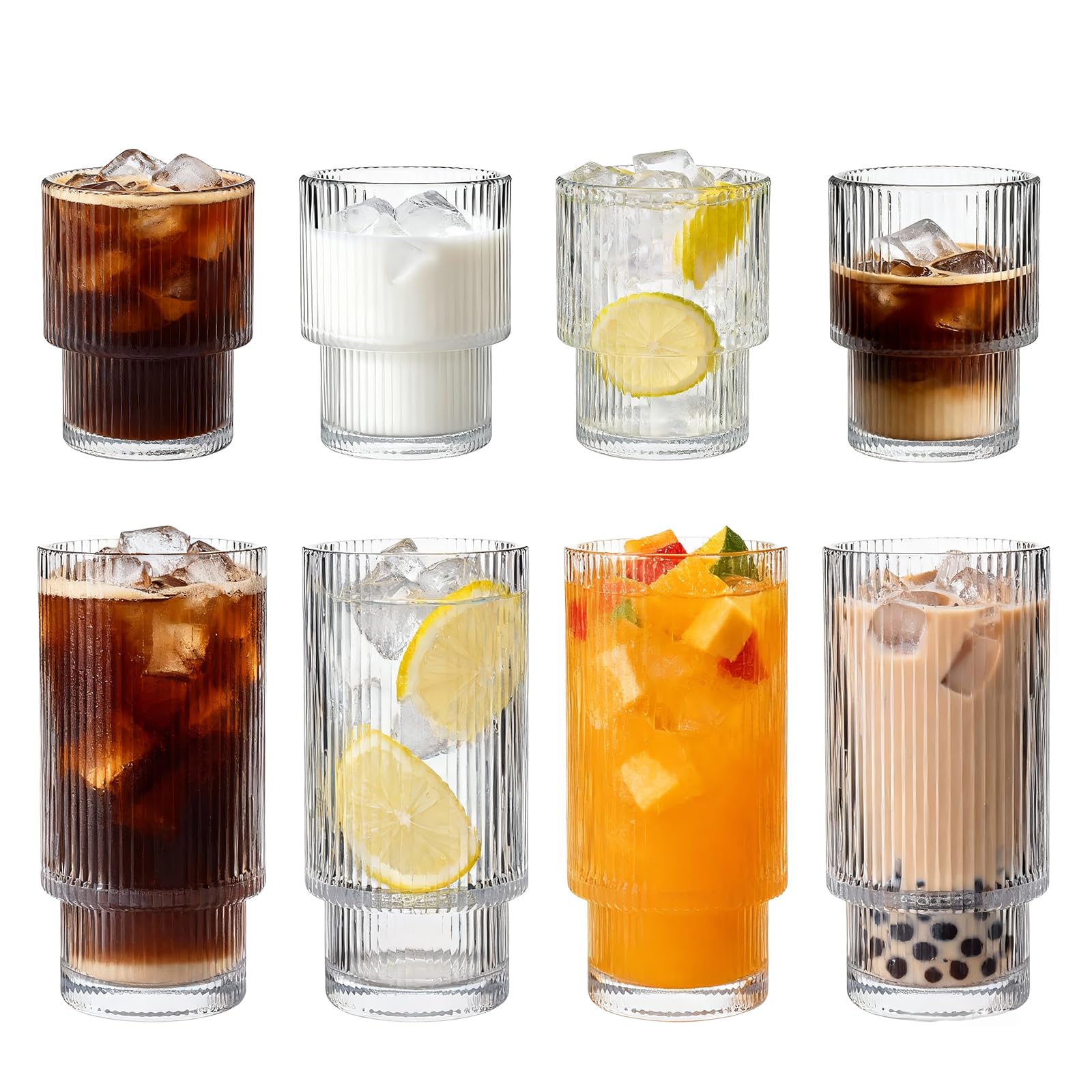 Photo 1 of ***missing parts***Salpae Ribbed Drinking Glasses Set of 8, Stackable Cute Kitchen Glasses Cups 16oz and 7oz Iced Coffee Glasses cocktail Glass cup for Water, Beverage, Whiskey